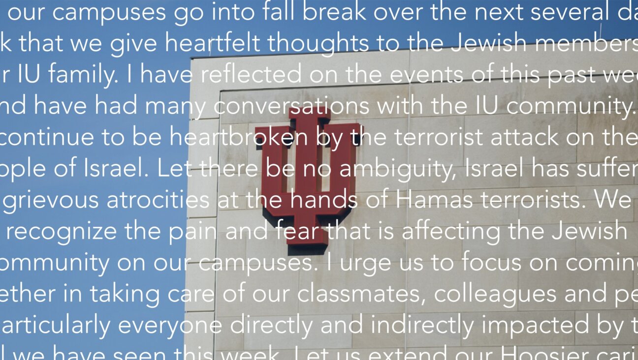 Indiana University issued a second statement on the Oct. 7 attacks after its first statement did not mention Hamas nor its Jewish victims. (JTA illustration by Mollie Suss)