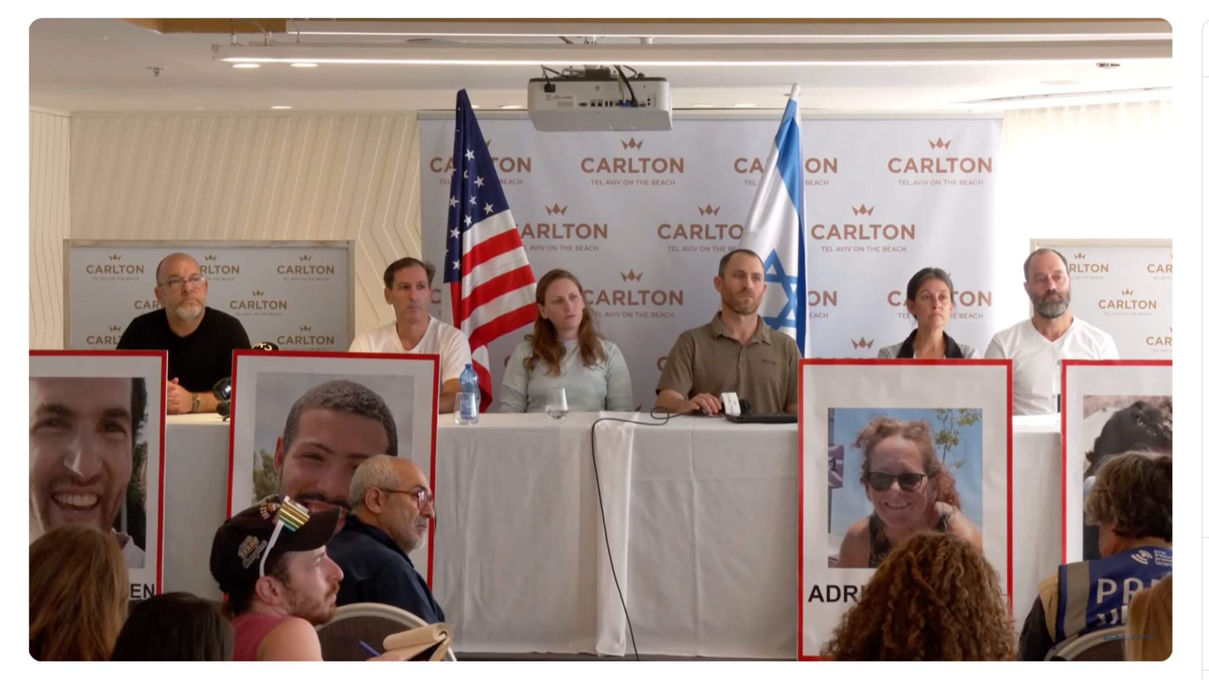 Family members of four U.S. citizens missing in Israel asked the U.S. to intervene. From left to right, Jonathan Dekel-Chen, father of Sagui Chen; Ruby Chen, father of Itay Chen; Ayana and Nahal Neta, children of Adrienne Neta, and Rachel Goldberg and Jon Polin, parents of Hirsch Goldberg-Polin.