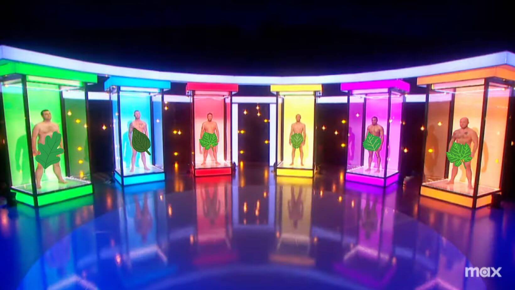 Contestants on the naked dating show are revealed slowly from the feet, up — with plenty of zooming in on the areas censored by the leaves we added.