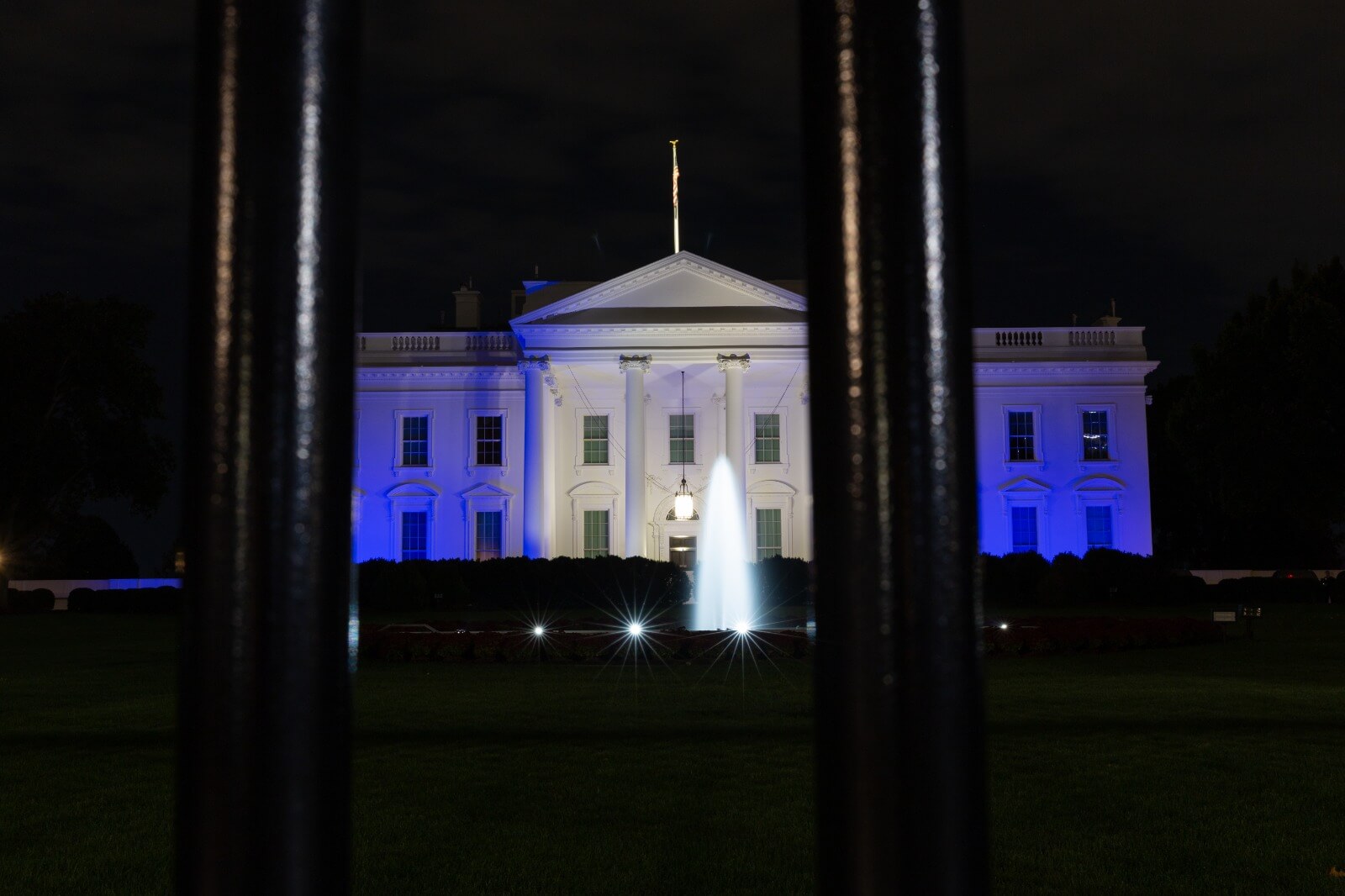 The White House illuminated in blue and white in support of Israel, on Oct. 9, 2023. 