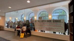 As Jewish students studied inside the Cooper Union library Wednesday, a pro-Palestinian protest formed on the other side of the glass. (Courtesy of Abigail Mottahedeh)