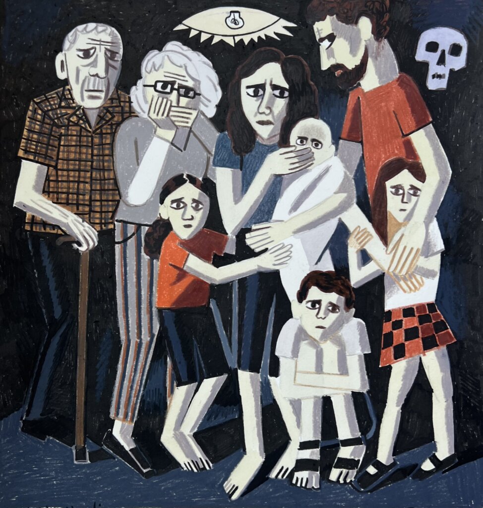 A family that includes four children (one of them a bay), two adults and two elderly adults huddles in the dark under a lamp. A painting of a skull is in the top right corner. An elderly woman covers her own mouth with her hands, and a woman covers the baby's mouth with her hand.