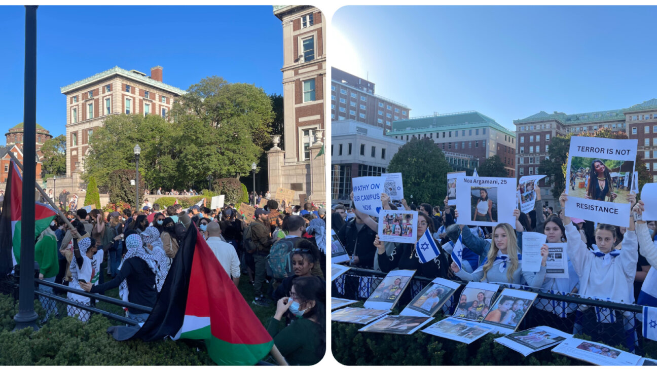 Pro-Palestinian students, <i>left</i>, and pro-Israel students, <i>right</i>, at rallies at Columbia University in New York City on Thursday, Oct. 12. 