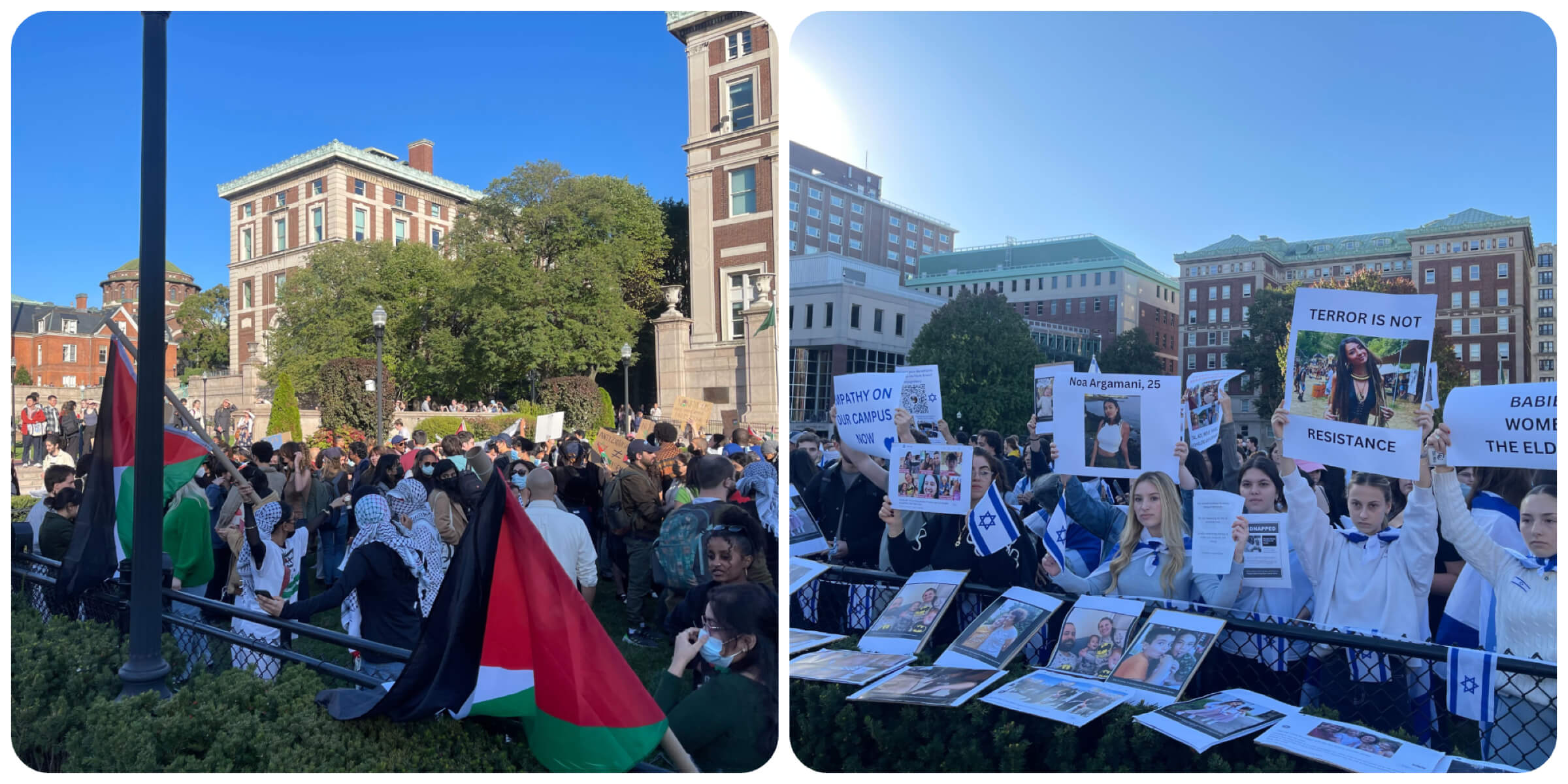 Pro-Palestinian students, <i>left</i>, and pro-Israel students, <i>right</i>, at rallies at Columbia University in New York City on Thursday, Oct. 12. 