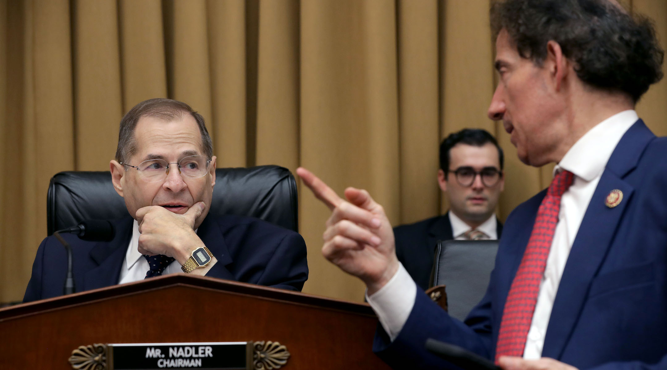 Rep. Jerry Nadler, seated, chairman of the House Judiciary Committee, and Rep. Jamie Raskin at a hearing on Capitol Hill, May 8, 2019. (Chip Somodevilla/Getty Images)