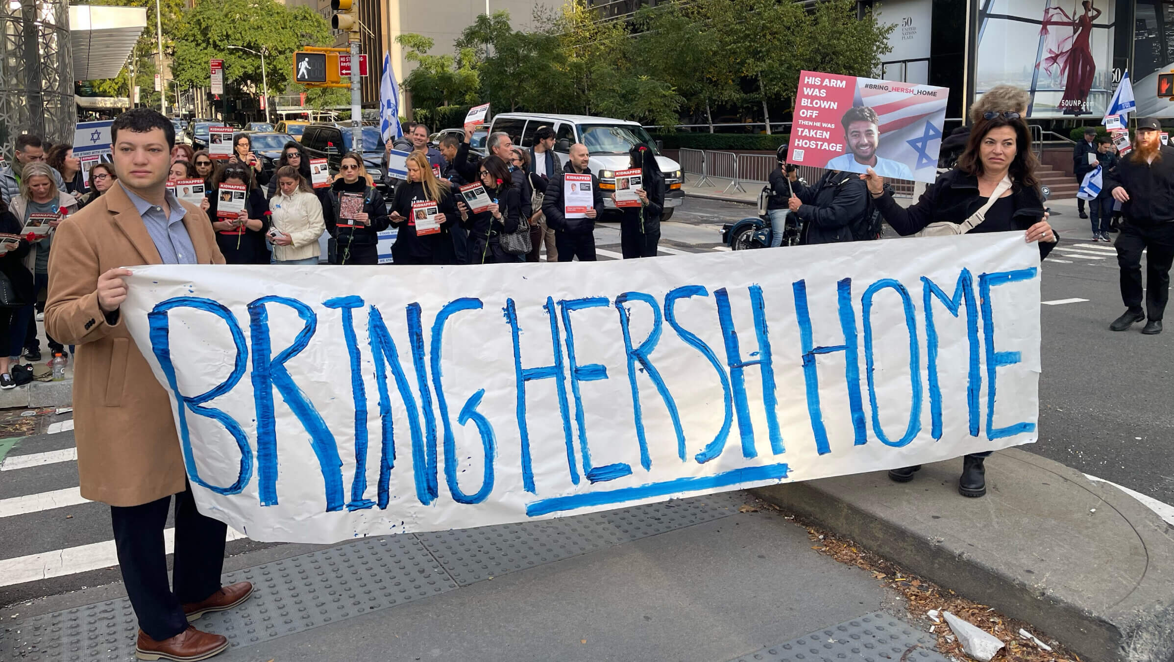 A rally outside the United Nations for Hersh Goldberg and the other hostages held by Hamas on Oct. 24.