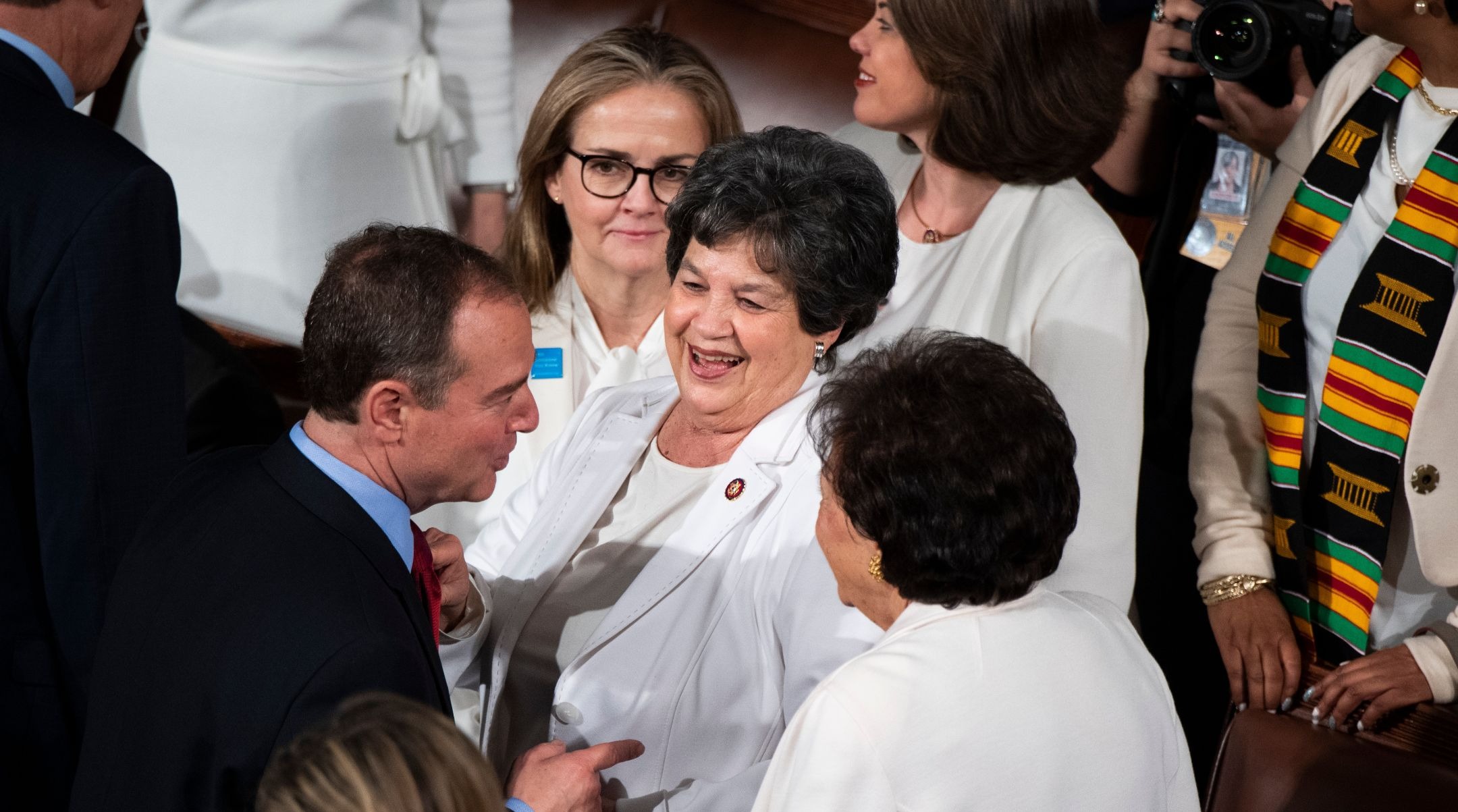 Rep. Lois Frankel, D-Fla. (center) joins colleagues on the floor of the House before President Donald Trump’s State of the Union address, Feb. 4, 2020. (Tom Williams/CQ-Roll Call, Inc via Getty Images)
