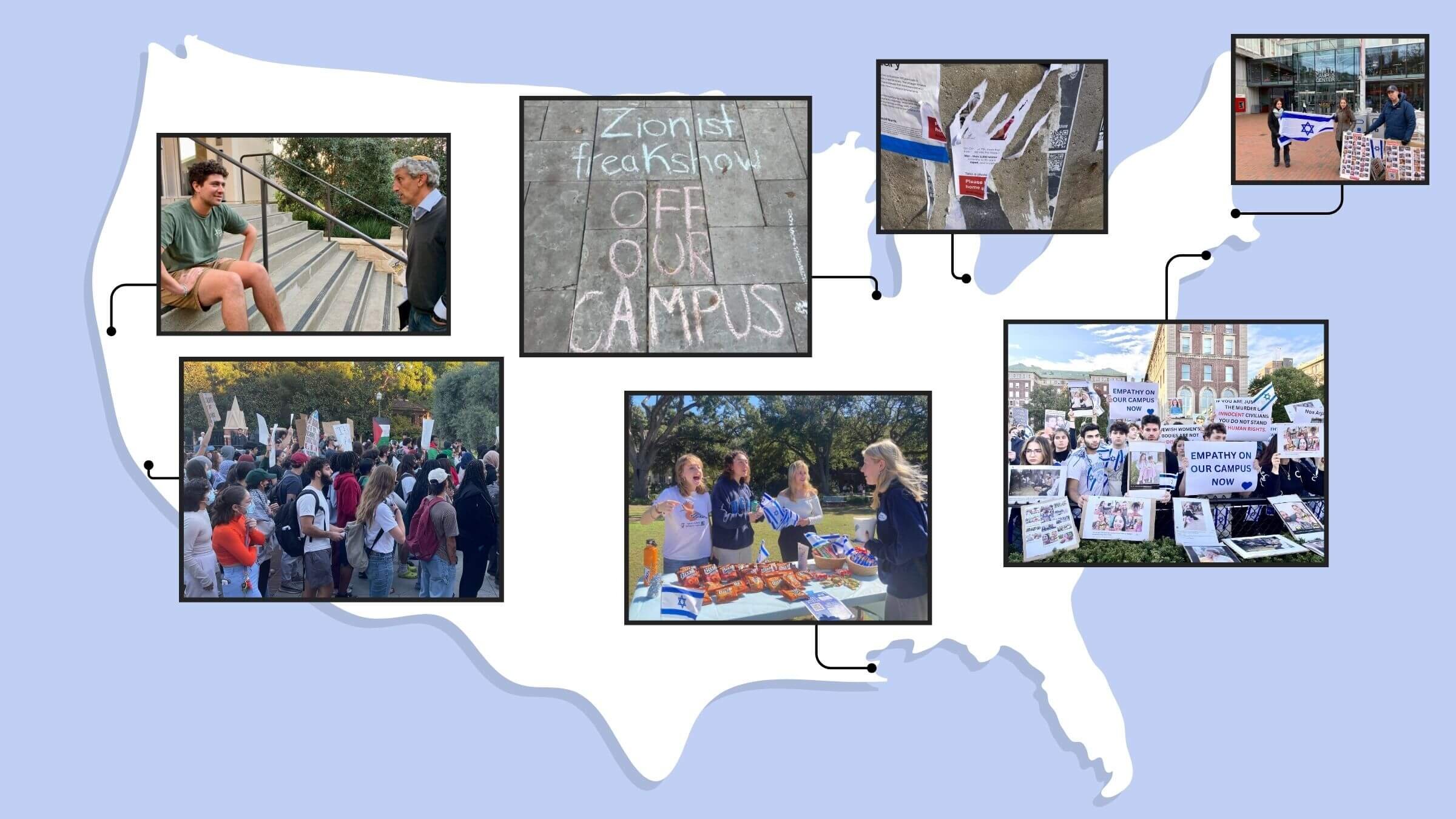 Four weeks into the Israel-Hamas war, a separate pernicious conflict is roiling American college campuses. Photos, clockwise from upper left, at U.C. Berkeley (by Kimberly Winston); U. Chicago (Debra Nussbaum Cohen);
U. Michigan (Debrah Miszak); Harvard (Mira Fox); Columbia (Camillo Barone); Tulane (Leah Jablo); and USC (Louis Keene). 