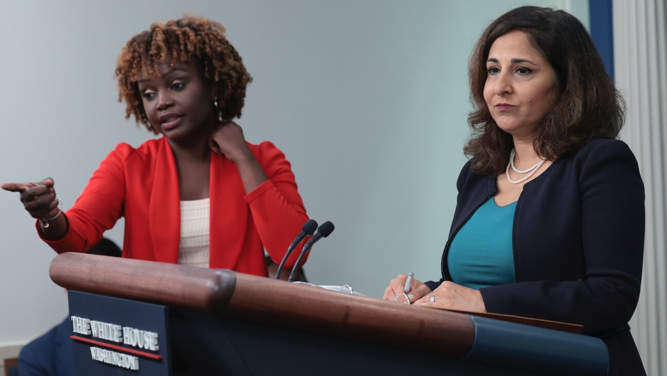 White House press secretary Karine Jean-Pierre, left, and Domestic Policy Advisor Neera Tanden, right, answer questions during the daily press briefing at the White House, Aug. 29, 2023. (Win McNamee/Getty Images)