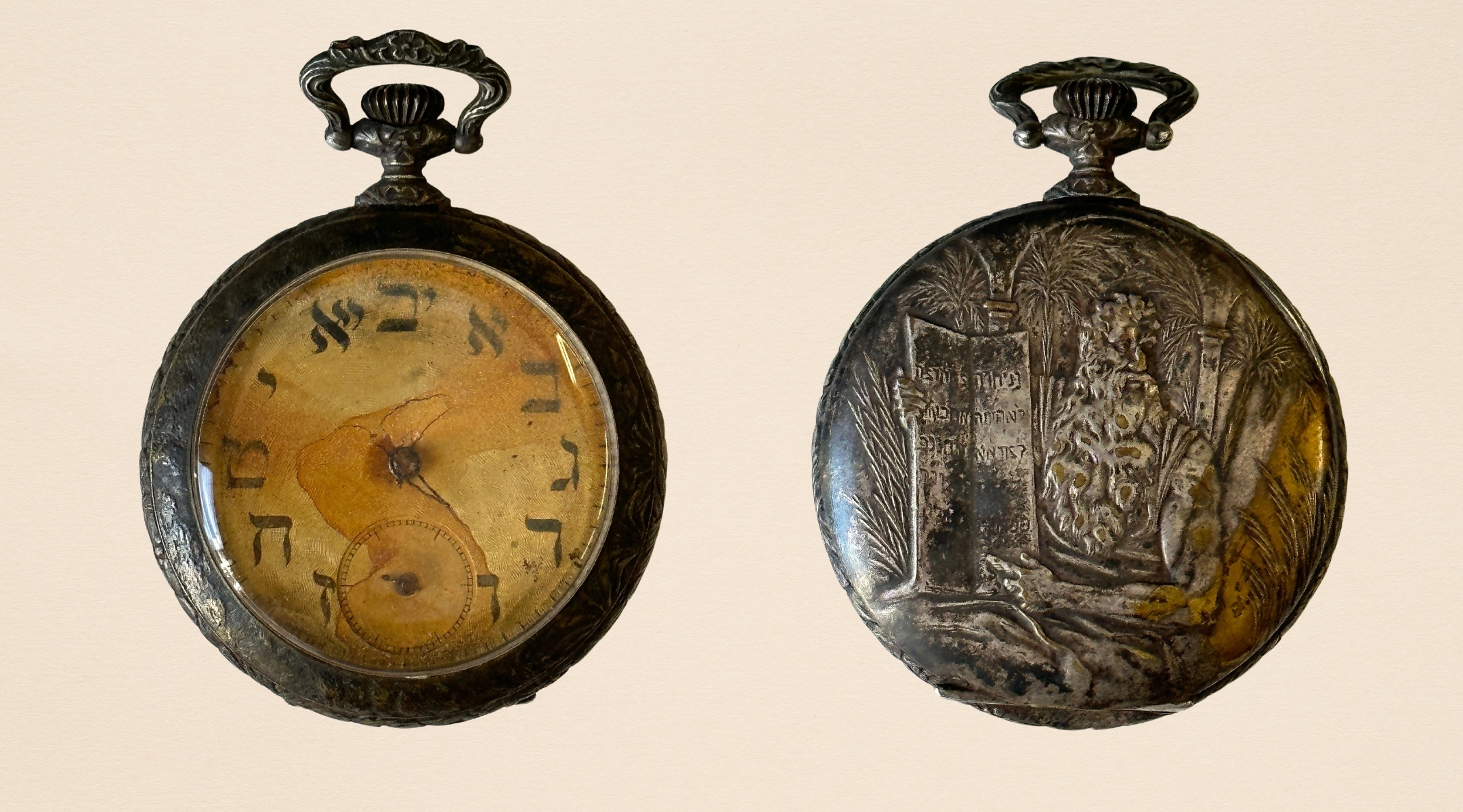 A front and back view of a pocket watch belonging to Jewish Titanic passenger Sinai Kantor, with salt water stains showing approximately when the ship sank. (Courtesy Henry Aldridge and Son. Design by Jackie Hajdenberg)