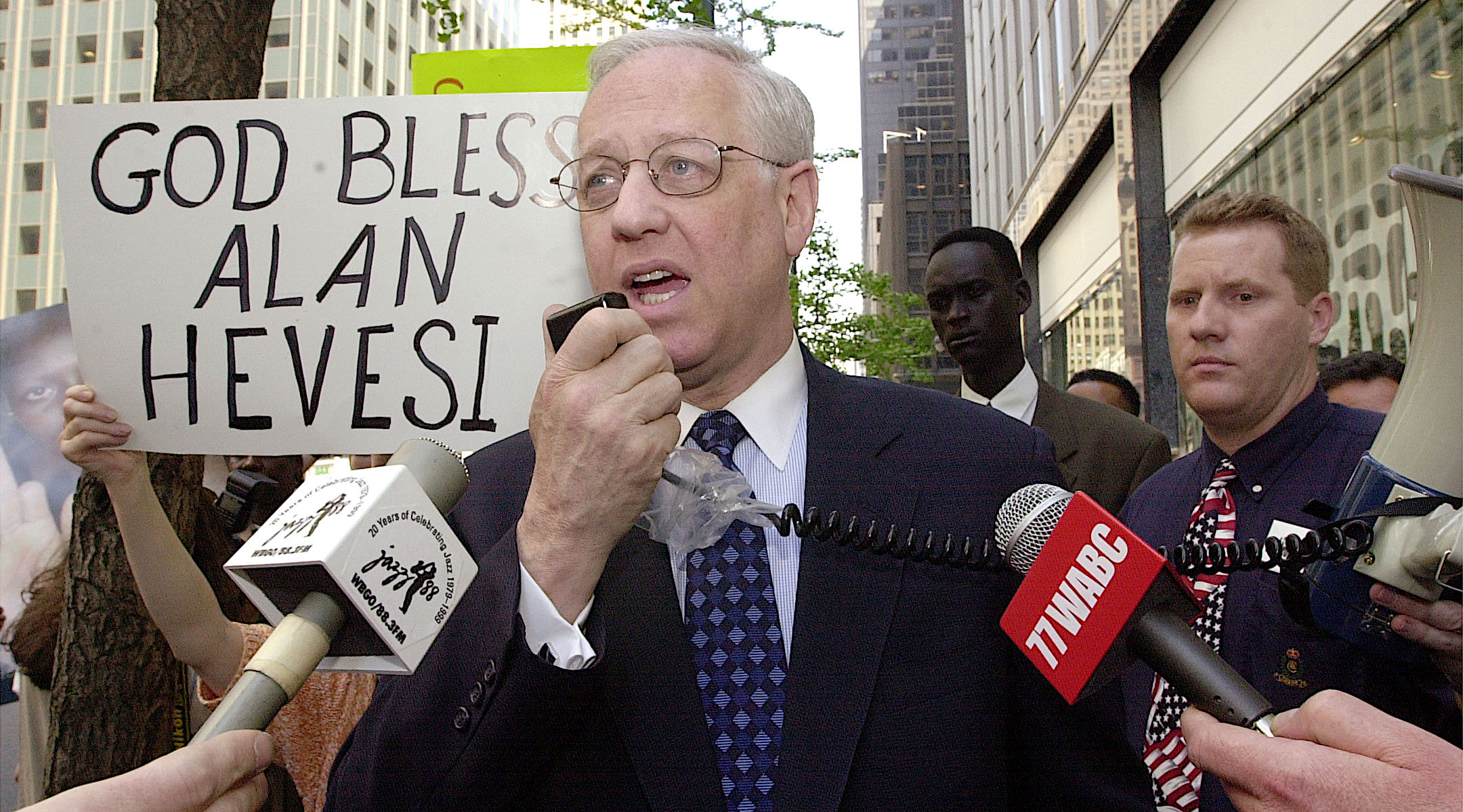 Alan Hevesi, running for mayor of New York, speaks at an anti-slavery protest in front of the New York Mission to Sudan, May 2, 2001. (Spencer Platt/Newsmakers via Getty)