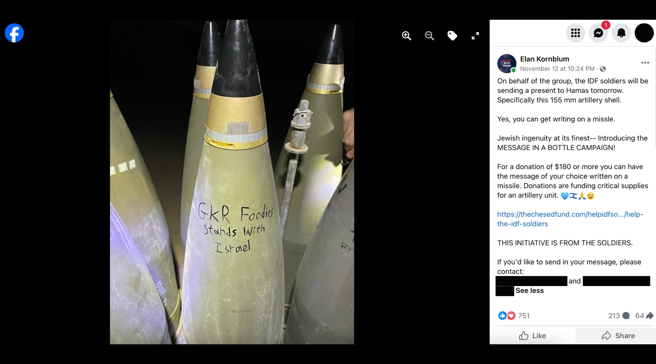 A popular kosher food Facebook group became the latest battle scene for wartime ethics questions after a divisive post about missile messages tore the group apart for two days. (Screenshot via Facebook)