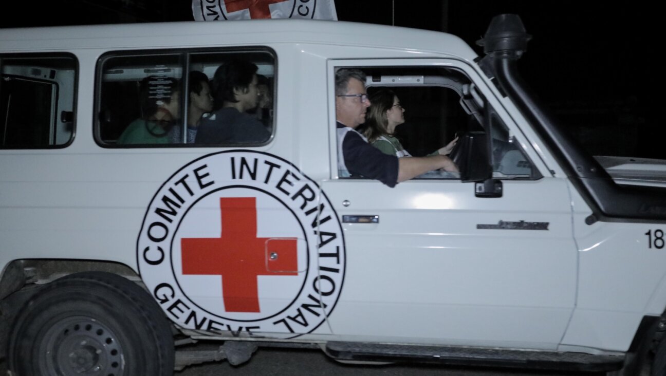 Hostages are transported in International Committee of the Red Cross vehicles from the Gaza Strip through the Rafah land crossing in Rafah, Gaza, Nov. 25, 2023. (Ahmad Hasaballah/Getty Images)