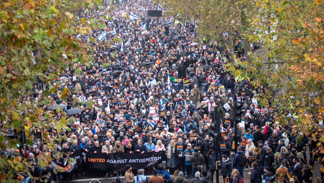 Protesters holding banners and placards are seen in Central London during a protest against antisemitism, Nov. 26, 2023. (Krisztian Elek/SOPA Images/LightRocket via Getty Images)