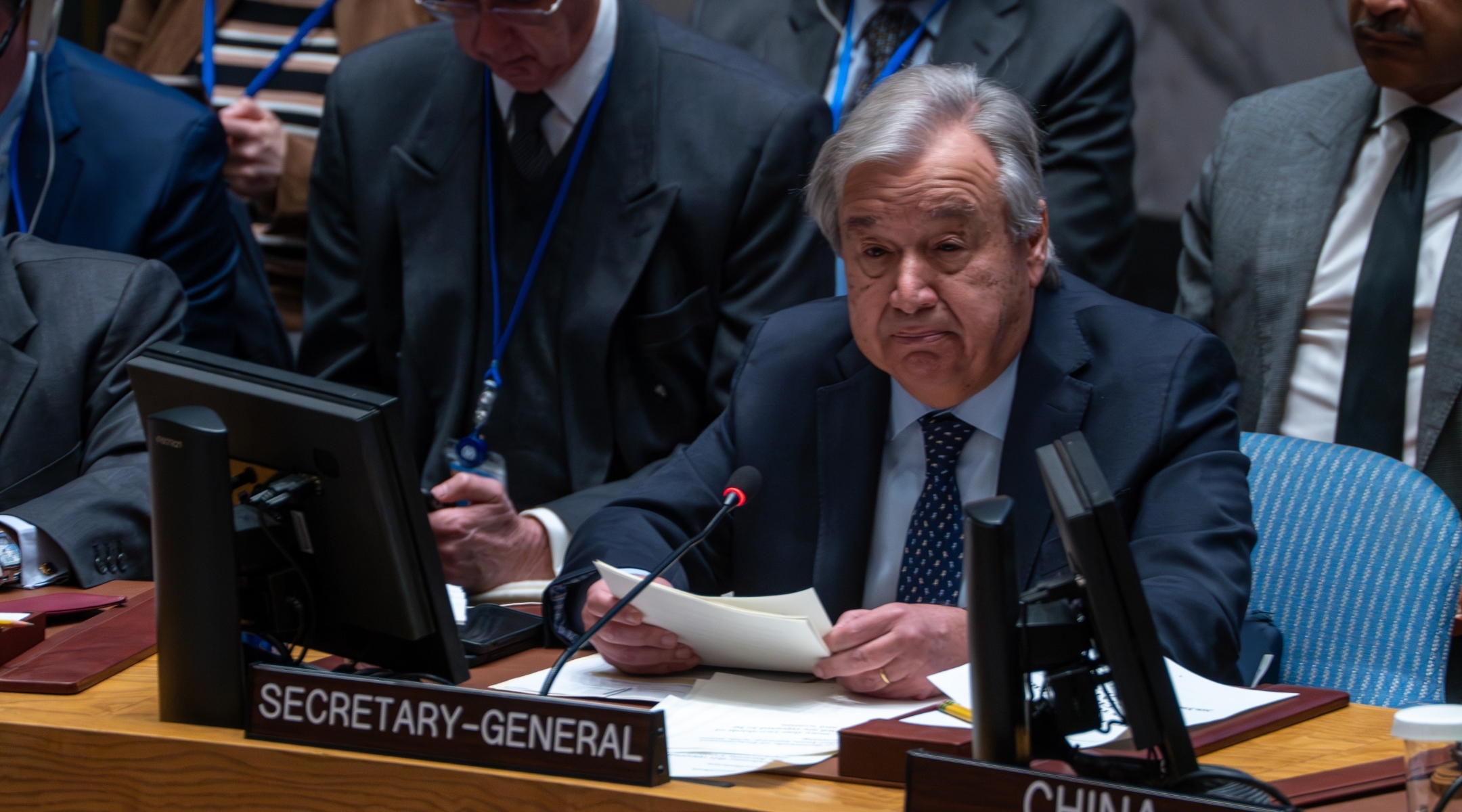 UN Secretary-General António Guterres speaks at a UN Security Council meeting on the Israel-Hamas war on Nov. 29 (David Dee Delgado via Getty Images)