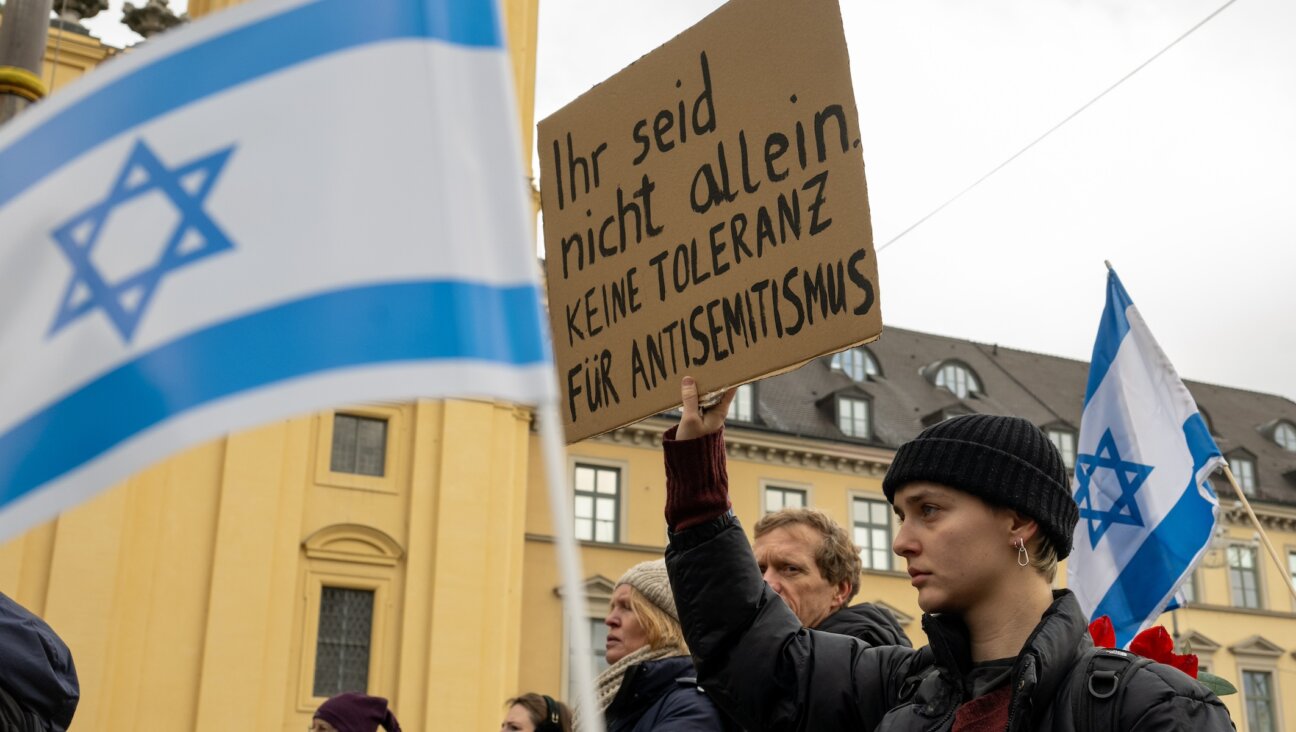 At a rally for Israel in Munich, a participant holds a sign reading “You are not alone. No tolerance for antisemitism,” Nov. 26, 2023. (Stefan Puchner/picture alliance via Getty Images)