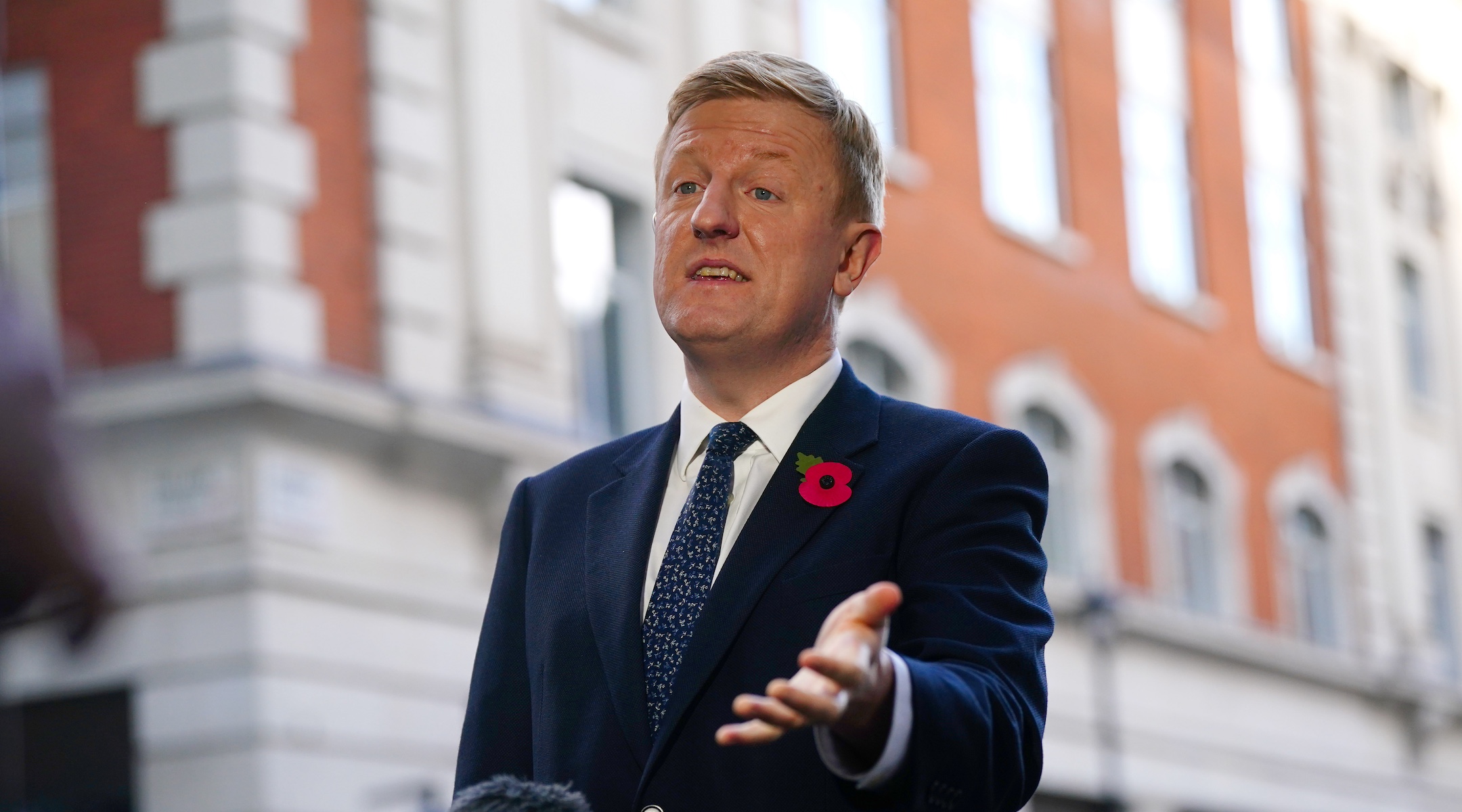 British Deputy Prime Minister Oliver Dowden speaks to the media outside the BBC Broadcasting House in London, Nov. 5, 2023. (Victoria Jones/PA Images via Getty Images)