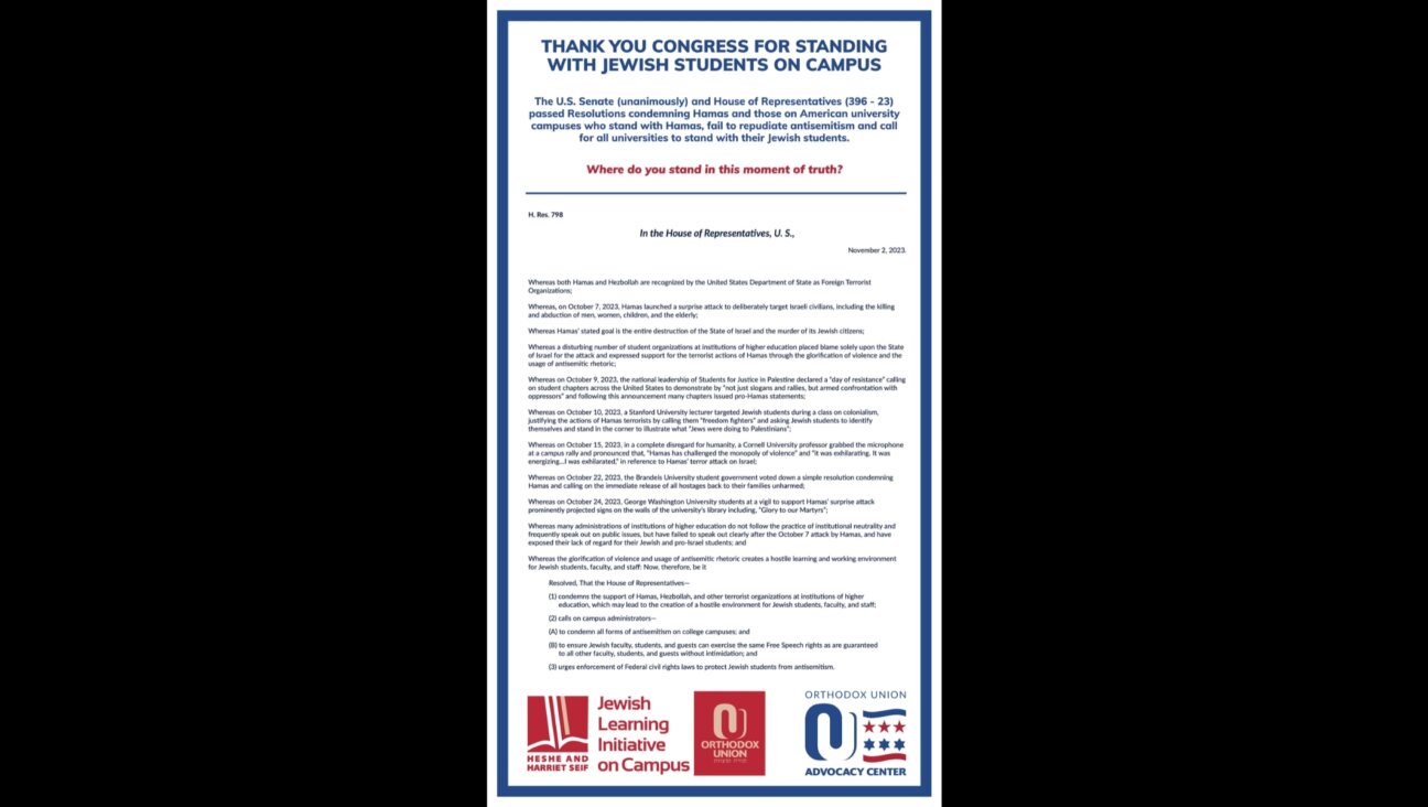 A full page ad from the Orthodox Union includes the text from a U.S. House Resolution condemning antisemitism on college campuses. (Courtesy Orthodox Union)