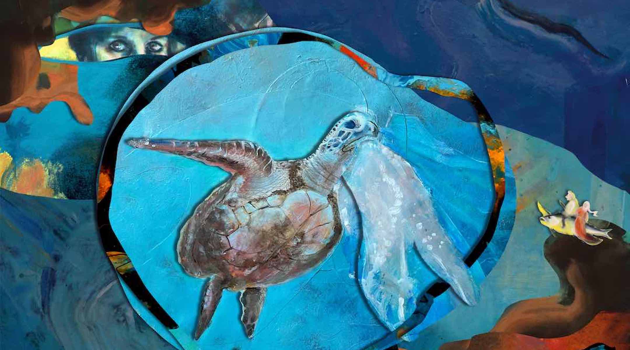 “Living Waters: Turtle eating Plastic.” Acrylic on canvas by artist Yona Verwer. This painting will be featured as part of “Activate,” at the Heller Museum in New York, which is partnering with the Jerusalem Biennale to host satellite exhibits while war wages in Israel. (Yona Verwer)