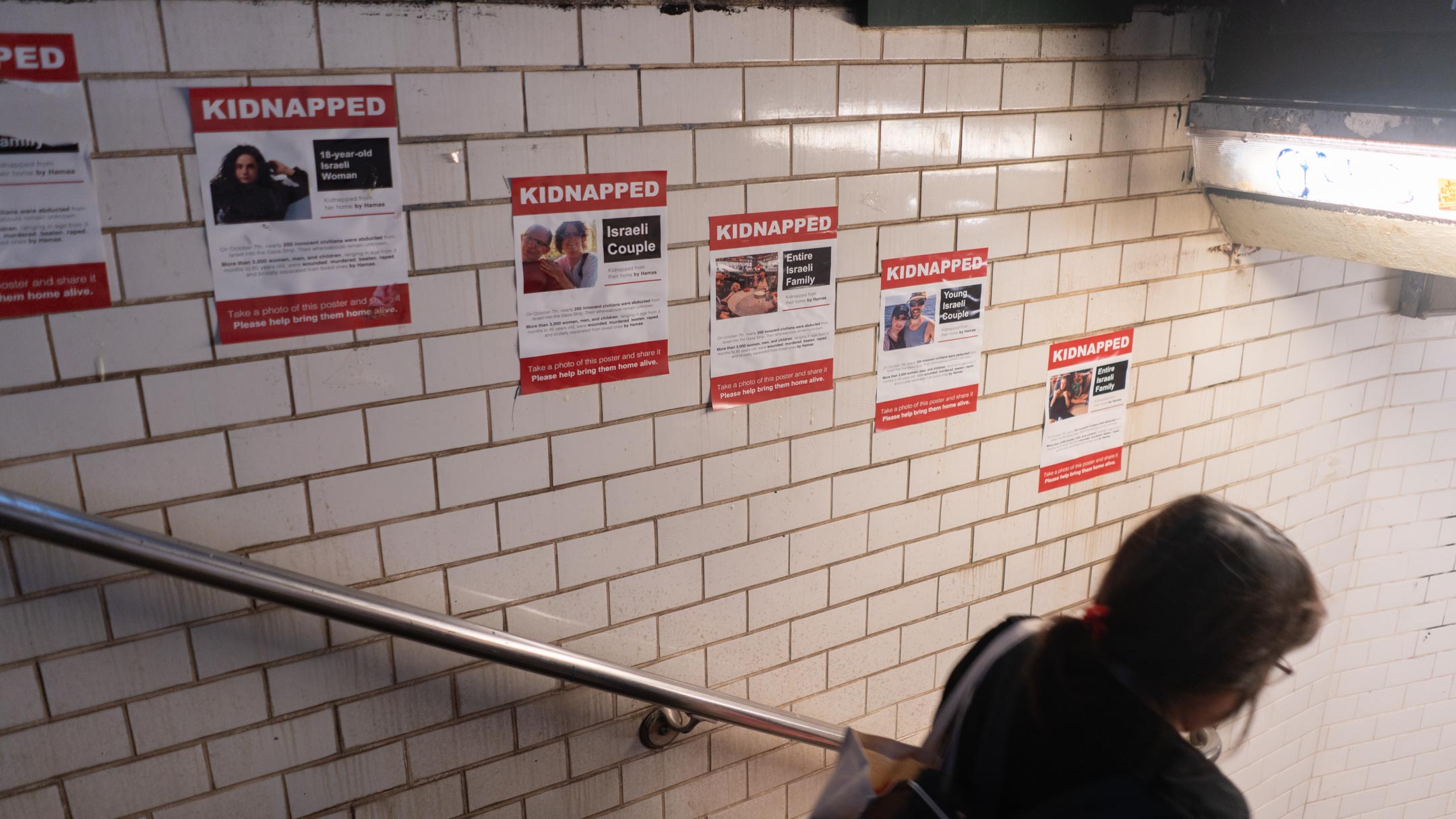 Posters of Israeli hostages in New York City’s Union Square subway station, October 16, 2023. (Luke Tress)