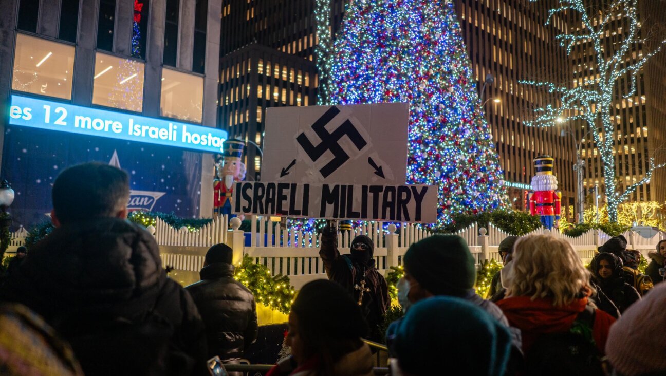 A pro-Palestinian protests against the Rockefeller Christmas tree lighting, in New York City, November 29, 2023. (Luke Tress)