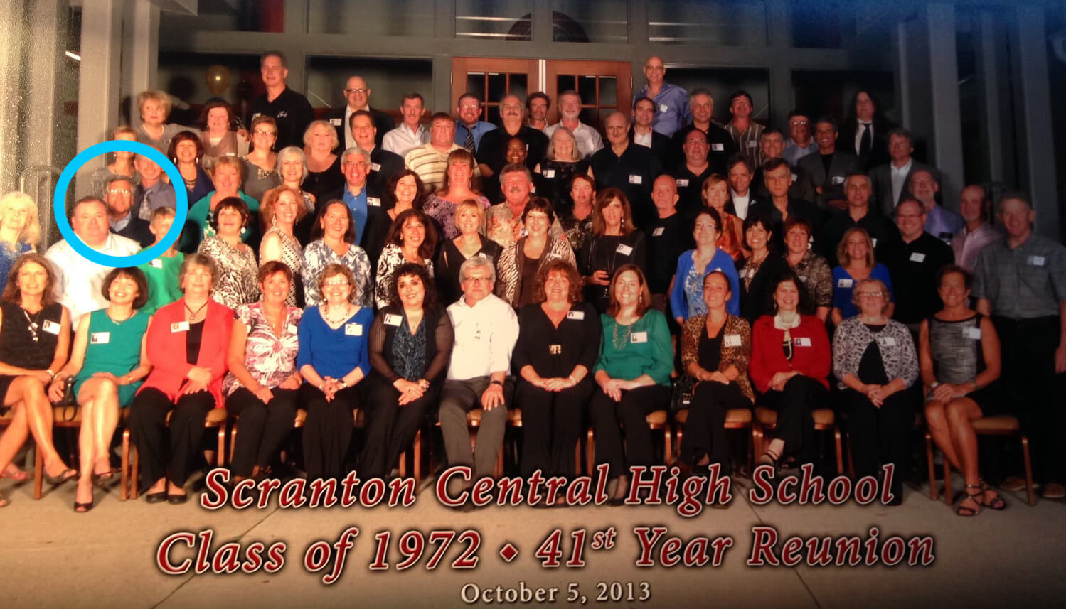 Paul Kessler, circled, in dark sweater, at a Scranton Central High School class reunion in 2013.