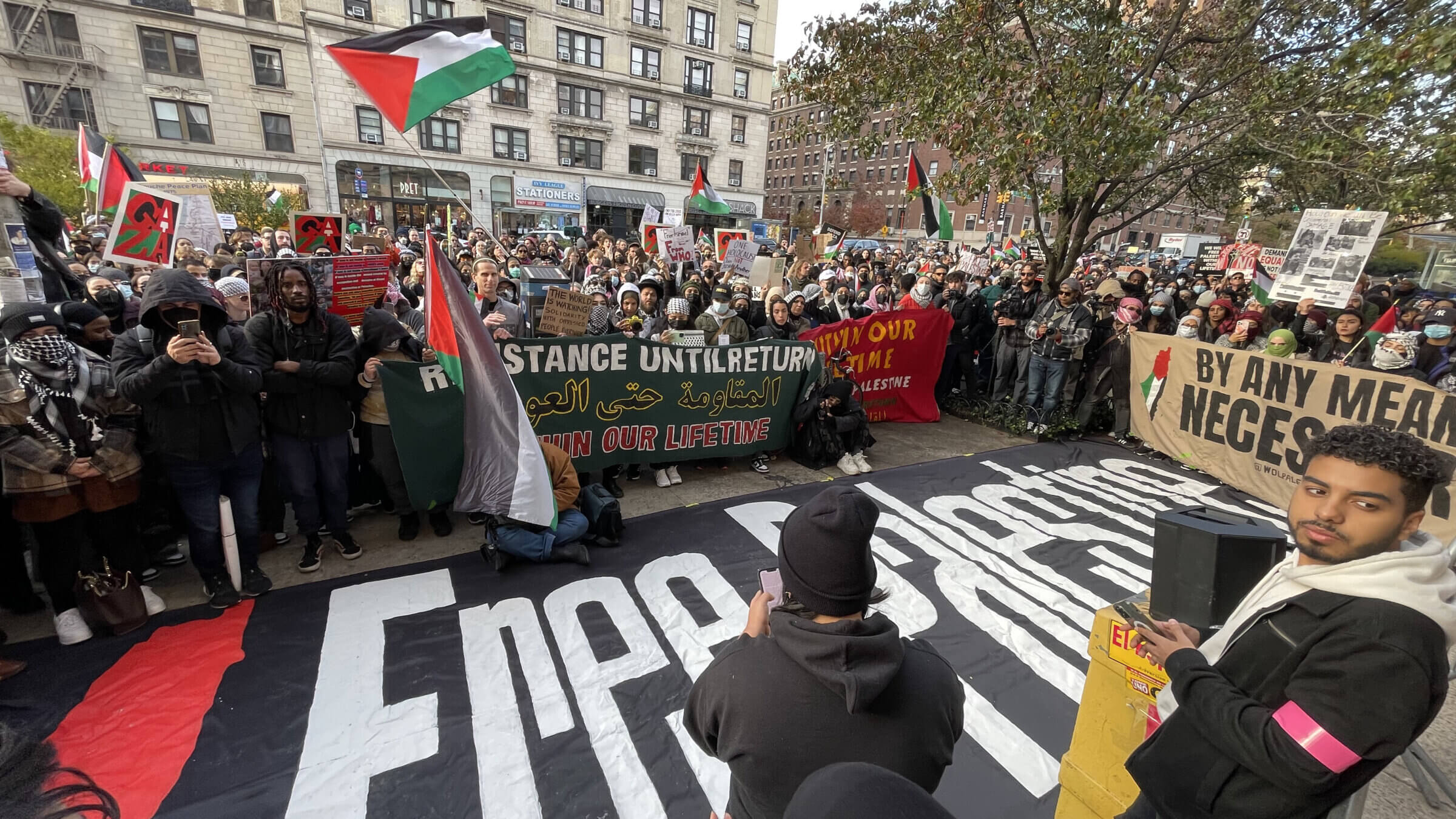Pro-Palestinian protesters outside the gates of Columbia University Nov. 15.