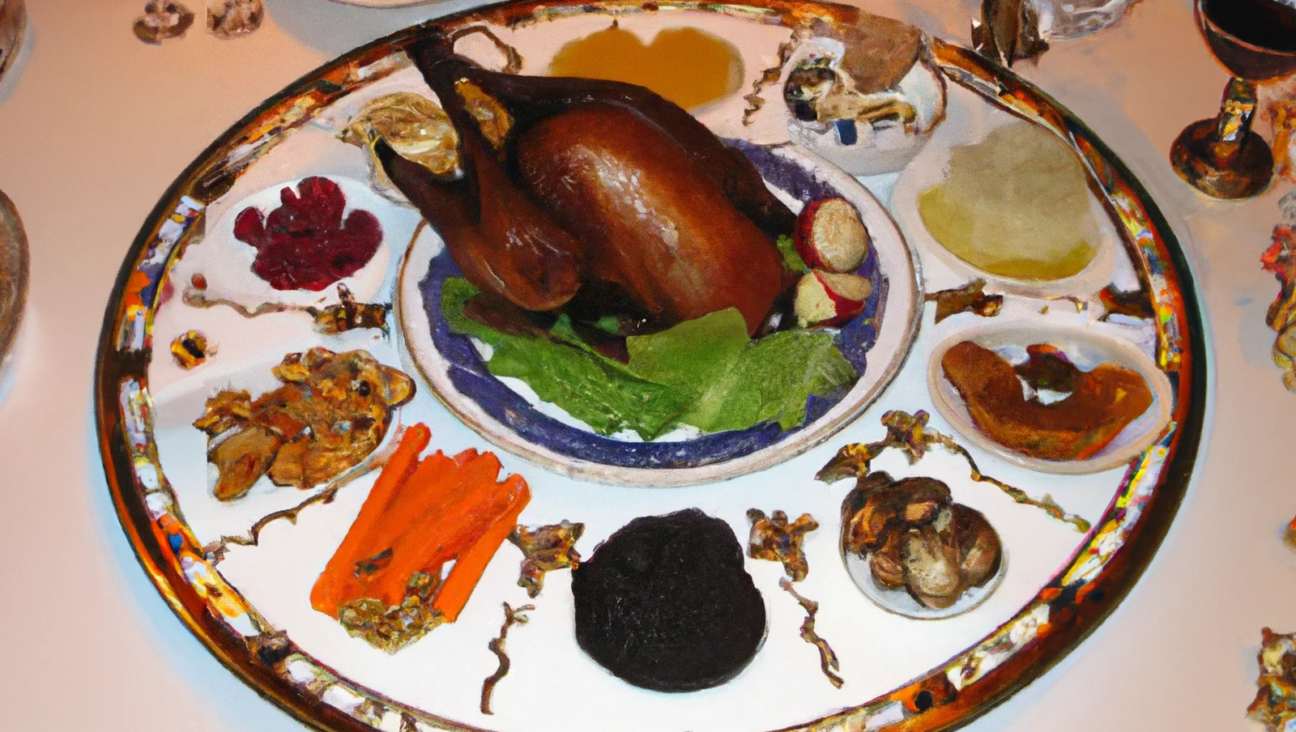 An AI-generated image of a Passover Seder plate with a Turkey.