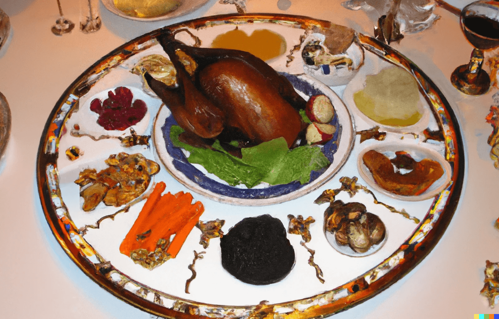 An AI-generated image of a Passover Seder plate with a Turkey.