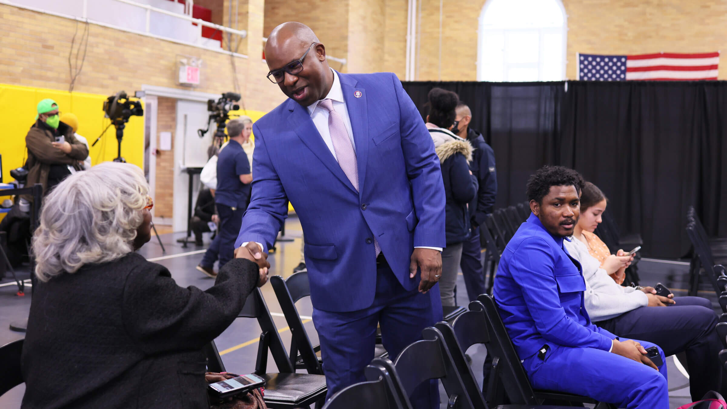 Rep. Jamaal Bowman, D-NY, visits with constituents during a town hall meeting at College of Mount Saint Vincent in Riverdale, New York, last year. Bowman is gathering signatures for a letter calling on the White House to encourage universities to respond to campus hate incidents through education.