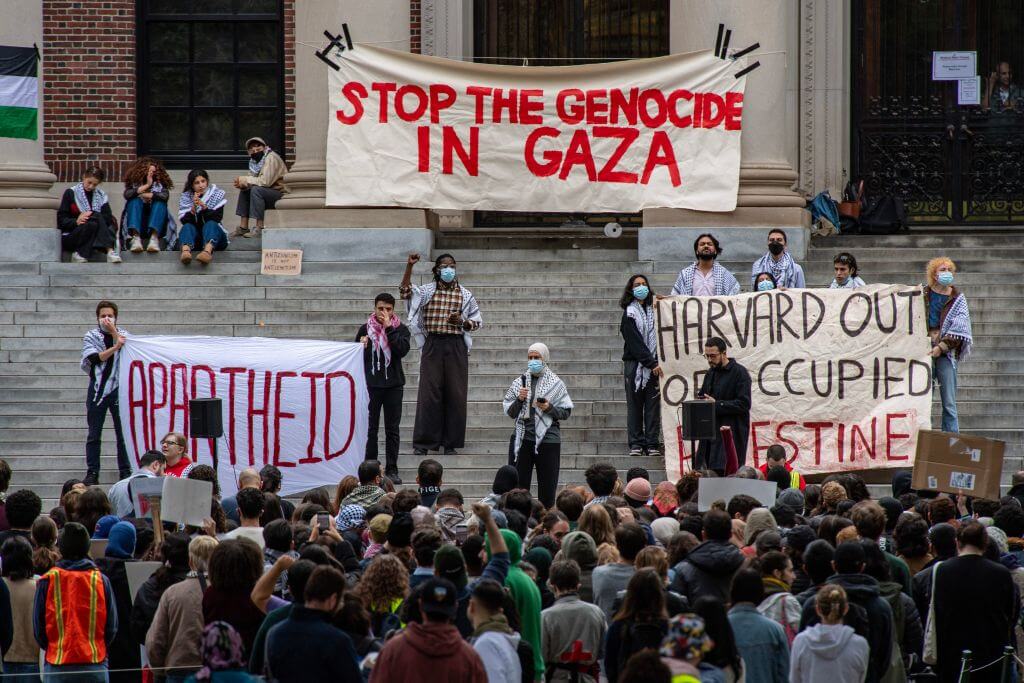 Pro-Palestinian groups gather at Harvard University to show their support at a rally in Cambridge, Massachusetts, on October 14, 2023.