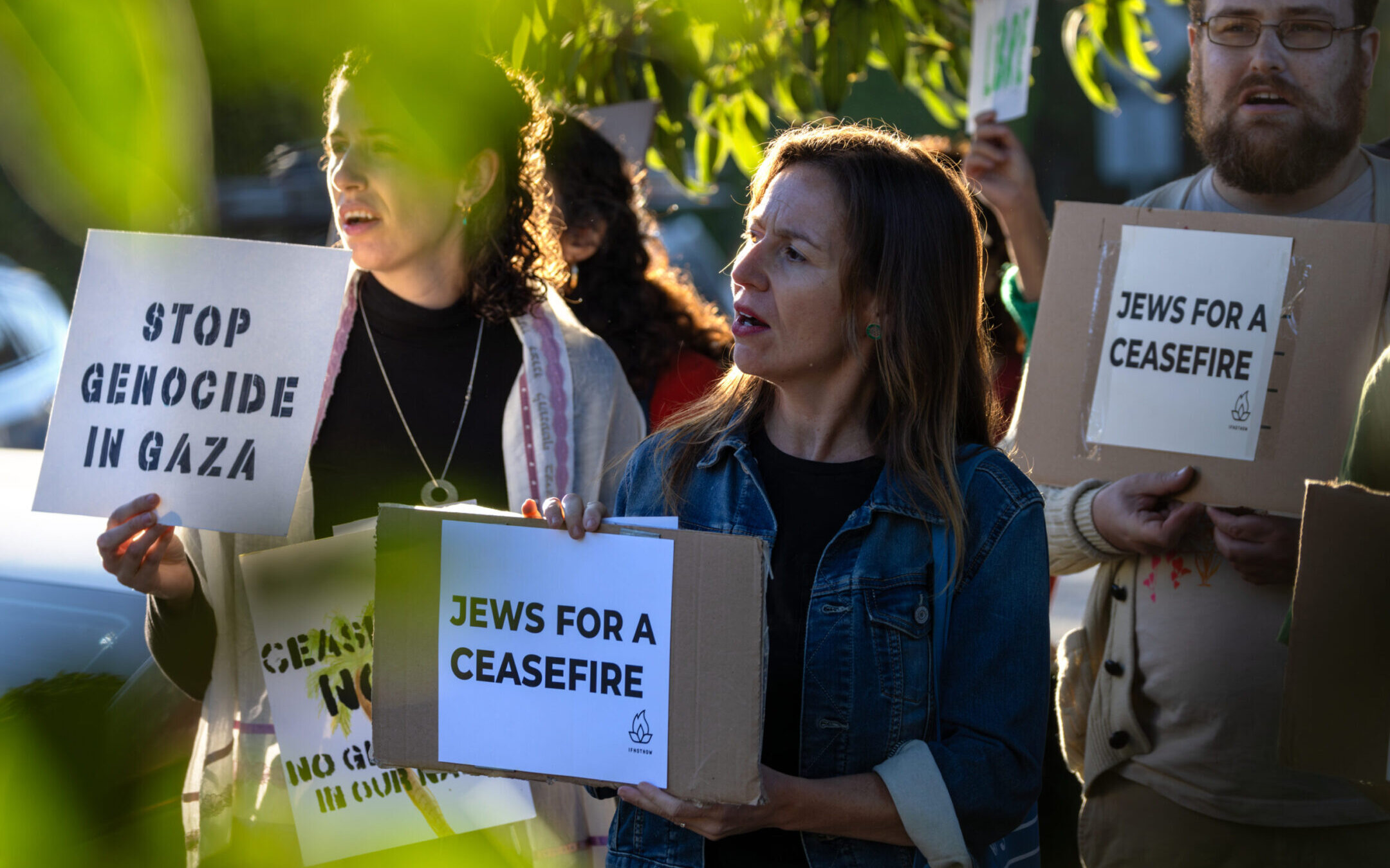 Members of the advocacy group IfNotNow sing during a protest outside the Los Angeles home of Vice President Kamala Harris calling “on those in power to oppose any policies that privilege one group of people over another, in Israel/Palestine and in the U.S,” Oct. 19, 2023. (Irfan Khan / Los Angeles Times via Getty Images)