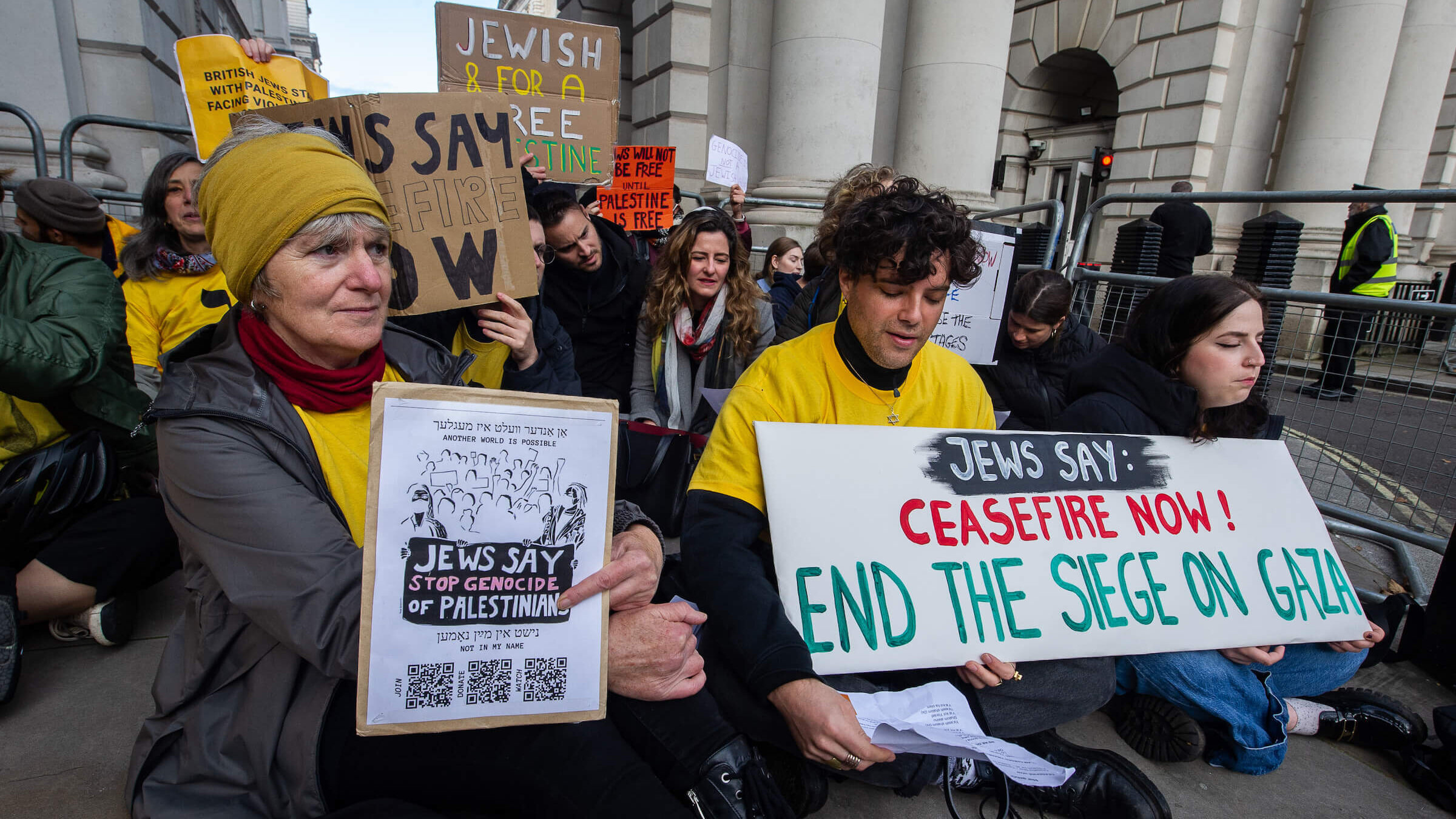 British Jewish anti-occupation activists blocked the walkways into the Foreign Office in London on Wednesday to demand a cease-fire. 