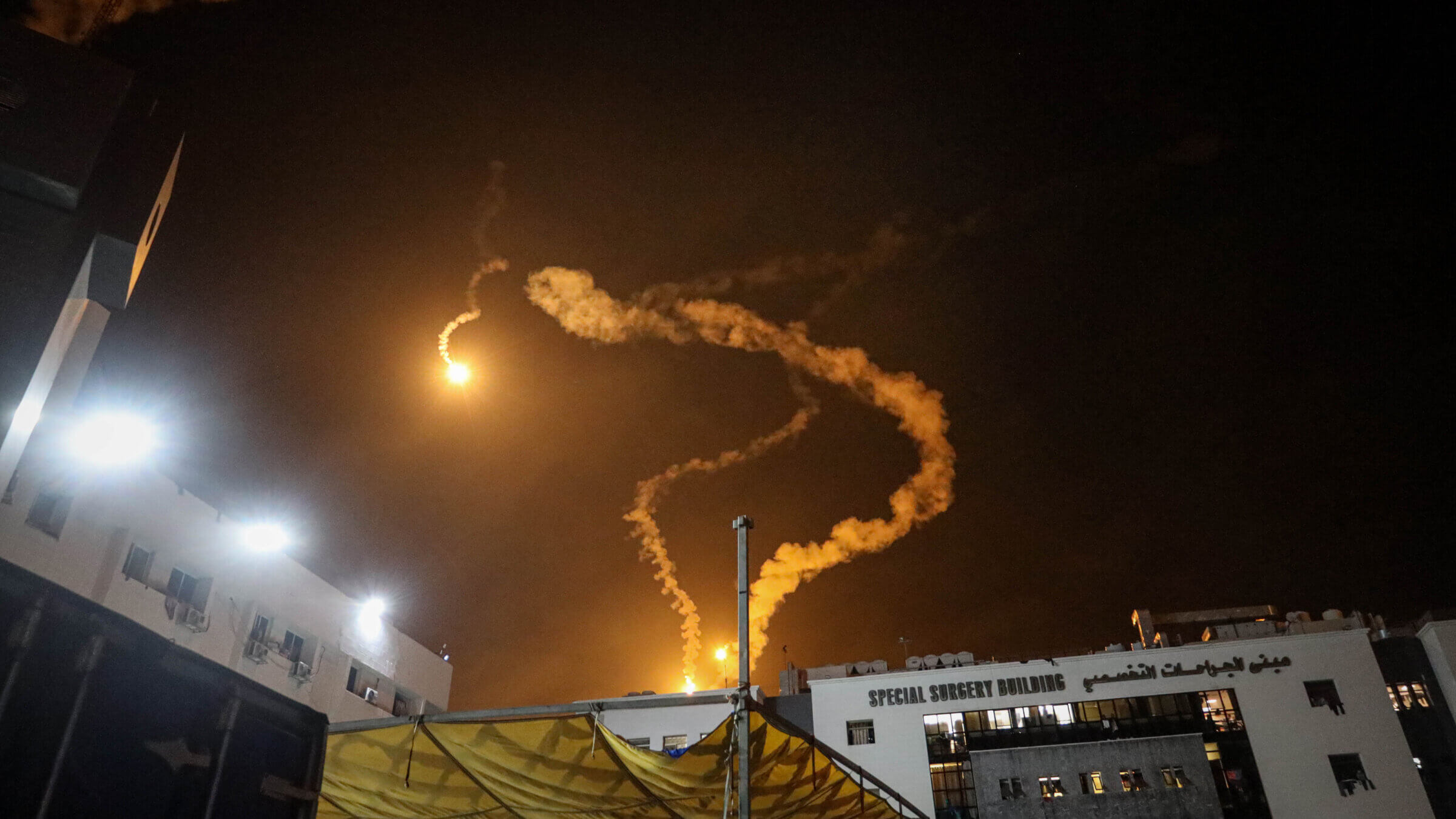 Israeli flares light up the sky above the Al-Shifa hospital in Gaza City Nov. 6.