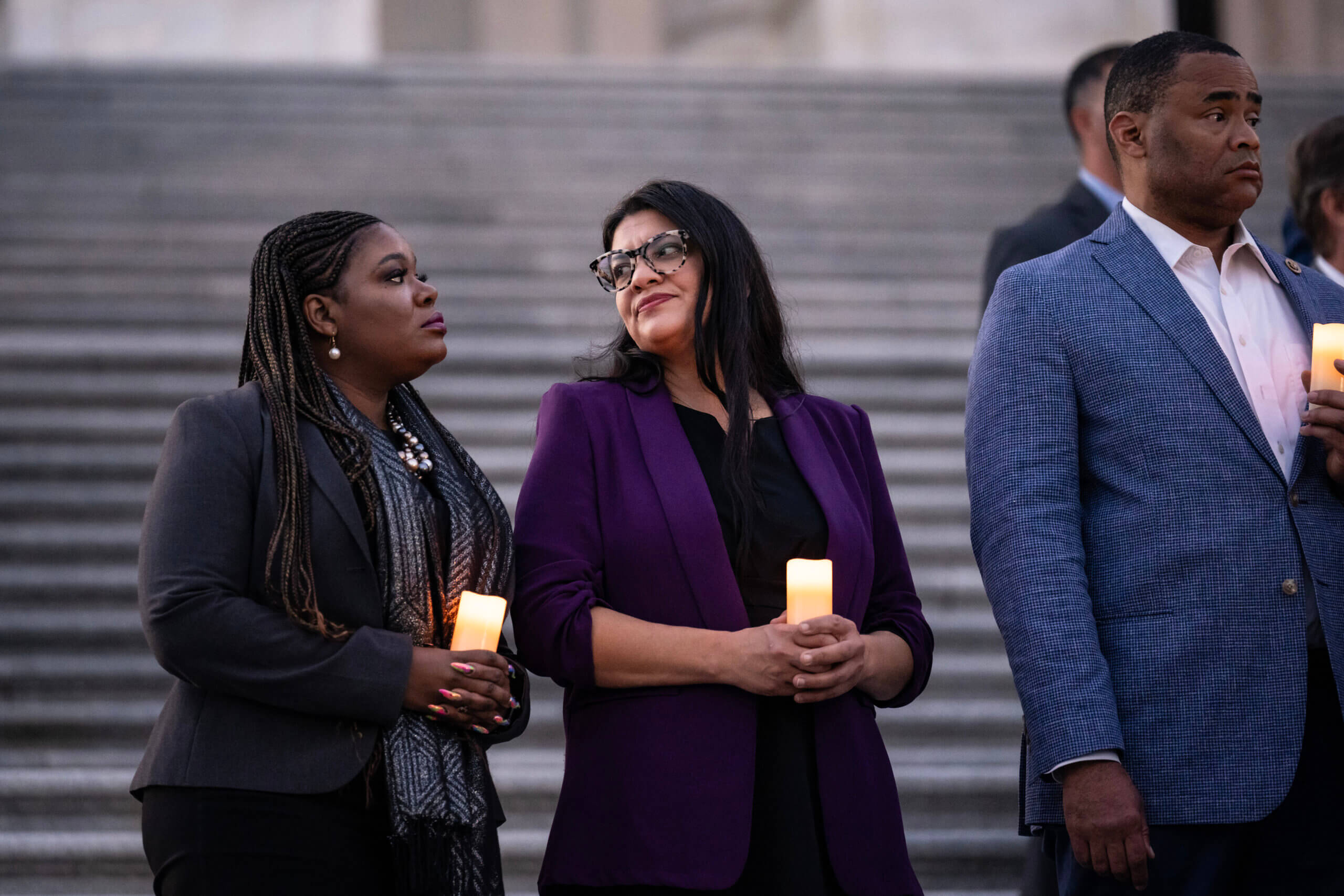 Rep. Rashida Tlaib (D-Mich.) attends a bipartisan candlelight vigil to commemorate one month since the Oct. 7 Hamas attack.