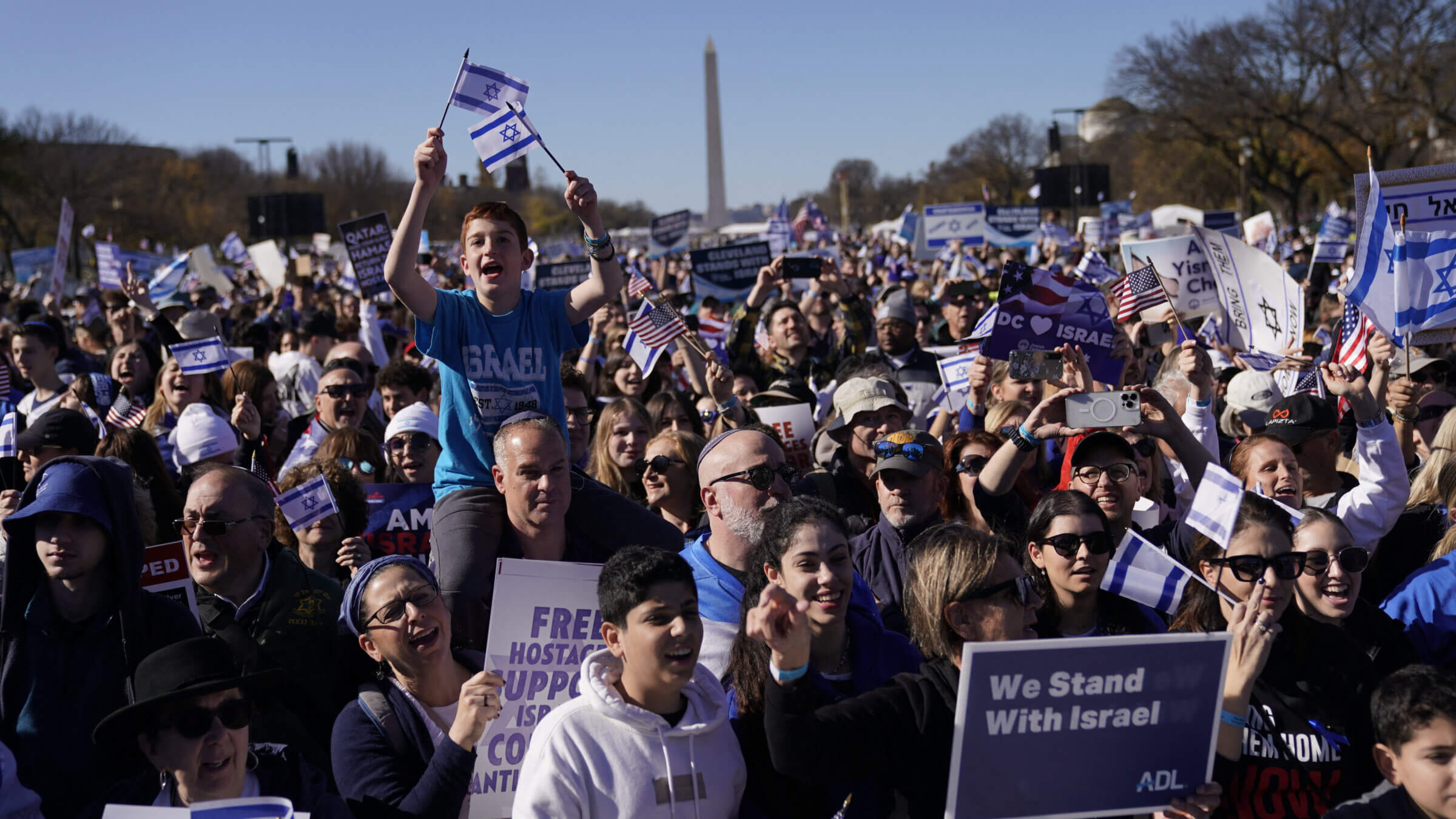 Demonstrators in support of Israel gather to denounce antisemitism and call for the release of Israeli hostages on the National Mall in Washington, D.C., Nov. 14.