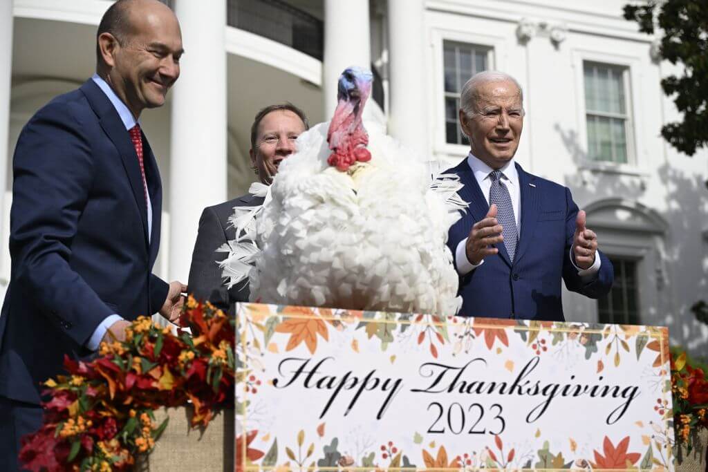 President Joe Biden pardons the national Thanksgiving turkey, Liberty, during a pardoning ceremony at the White House in Washington, DC on November 20, 2023. 