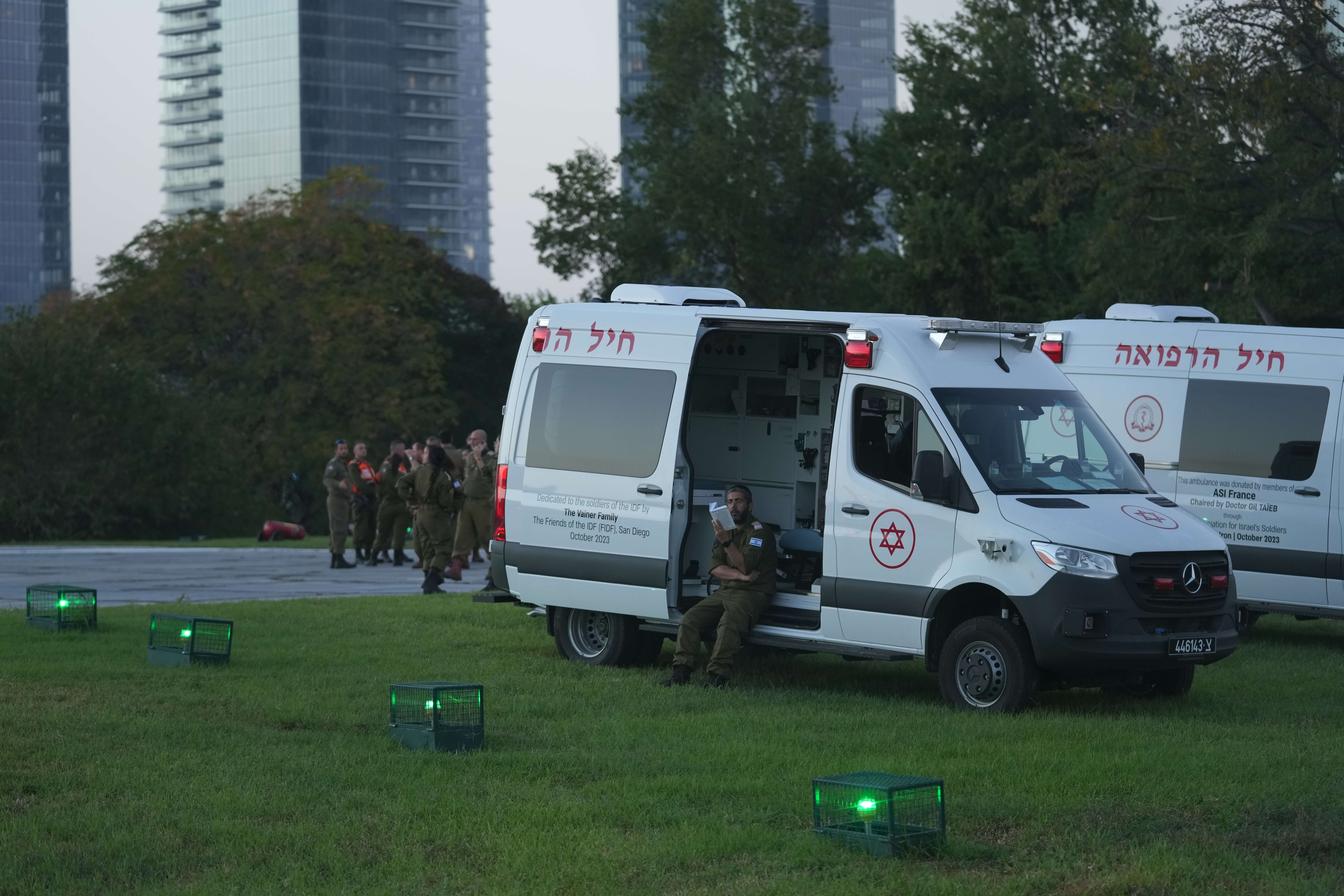 Ambulances outside the Schneider medical center in Tel Aviv on Nov. 24.