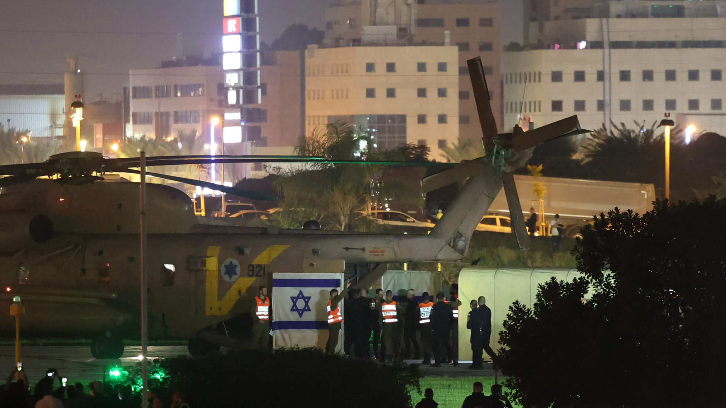 An Israeli helicopter transporting released hostages lands at Tel Aviv's Schneider Medical Centre on Friday. 