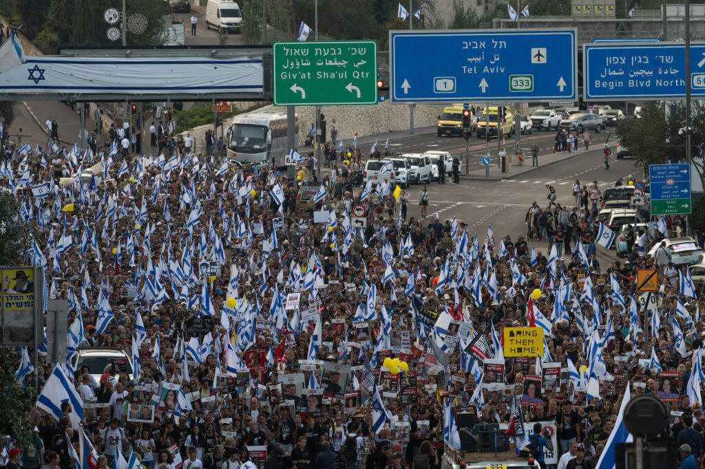 Tens of thousands of demonstrators led by families of the hostages enter Jerusalem on the fifth and final day of the March for the Hostages on November 18, 2023 in Jerusalem. 