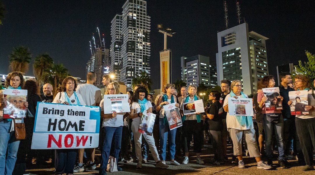 Families and supporters of hostages held in Gaza gather at the public square outside of the Tel Aviv Museum of Art to demand their release, Nov. 4, 2023. (Oren Rozen/Creative Commons)