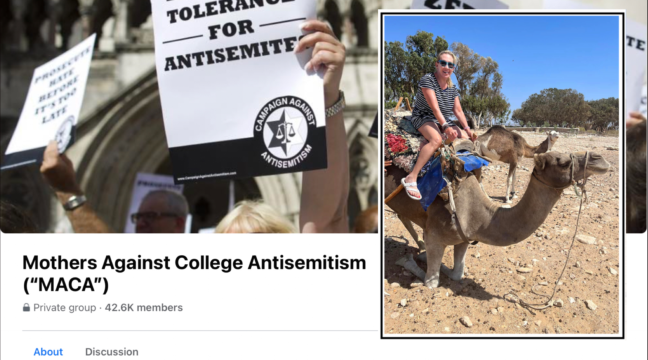 The Facebook group Mothers Against Campus Antisemitism, founded Oct. 26, 2023, by New York City mom and lawyer Elizabeth Rand, amassed more than 40,000 members in its first week. (Screenshot; Rand photograph courtesy)