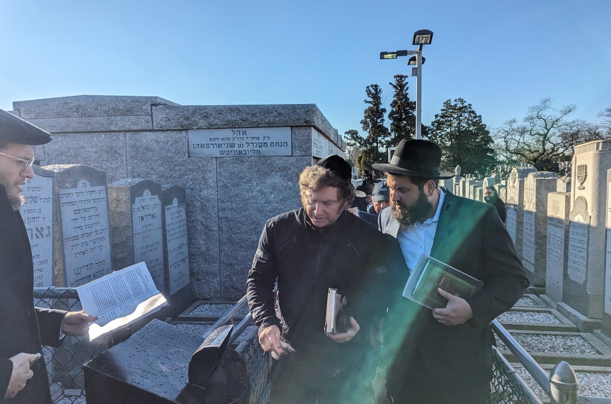 Javier Milei, who was elected president of Argentina in November 2023, visits the grave of the Lubavitcher rabbi in Queens, New York, Nov. 27, 2023. (Courtesy Chabad)