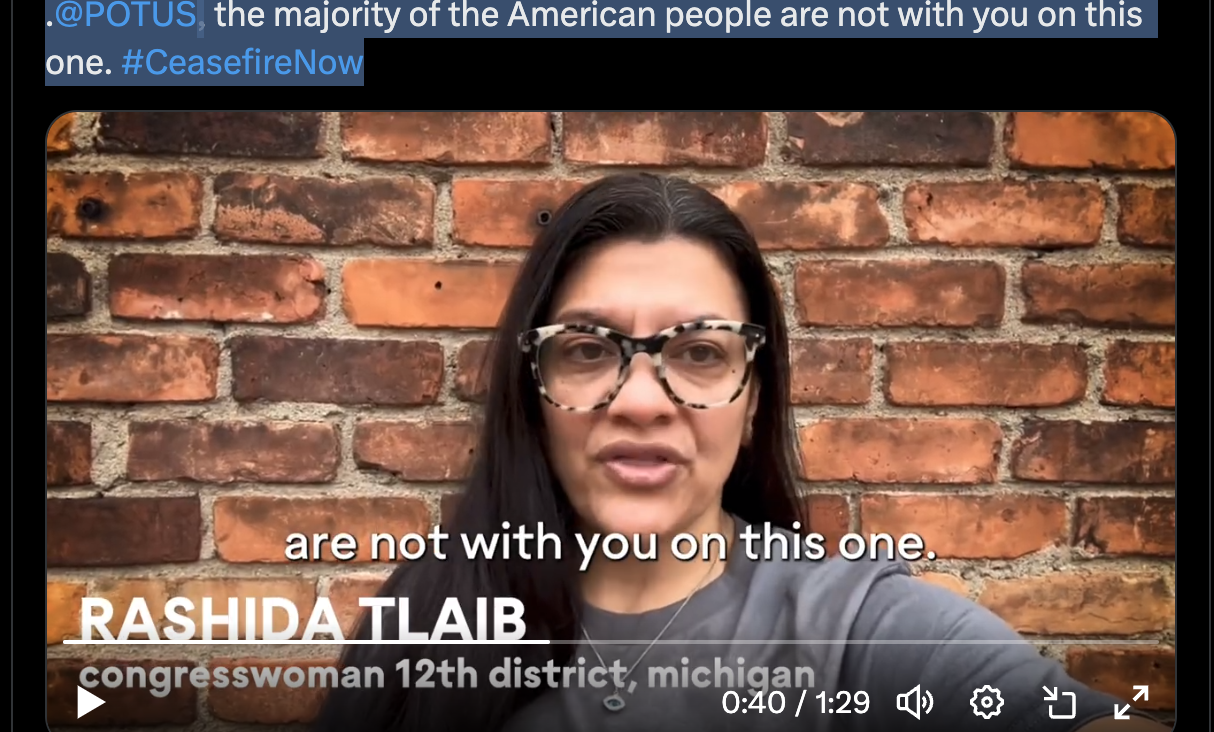 U.S. Rep. Rashida Tlaib posted a video accusing President Joe Biden of supporting genocide against Palestinians.