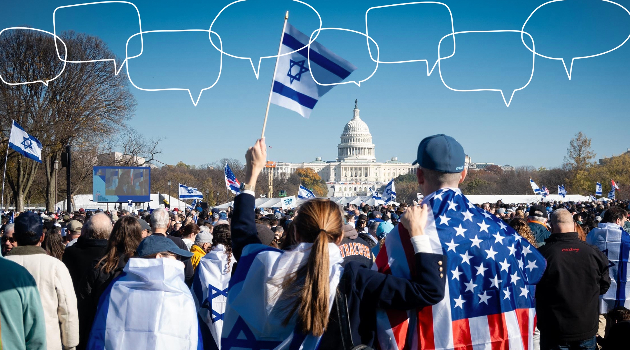 Jewish teens were among the many of thousands of people who rallied in support of Israel at the National Mall on Nov. 14, 2023. (Luke Tress, design by Grace Yagel)