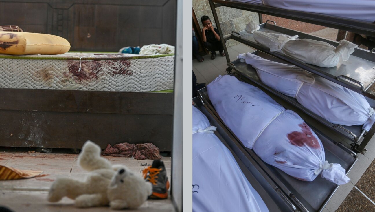 A teddy bear and blood stains in a kibbutz attacked by Hamas; bodies of Palestinians killed in Israeli air raids on Gaza.