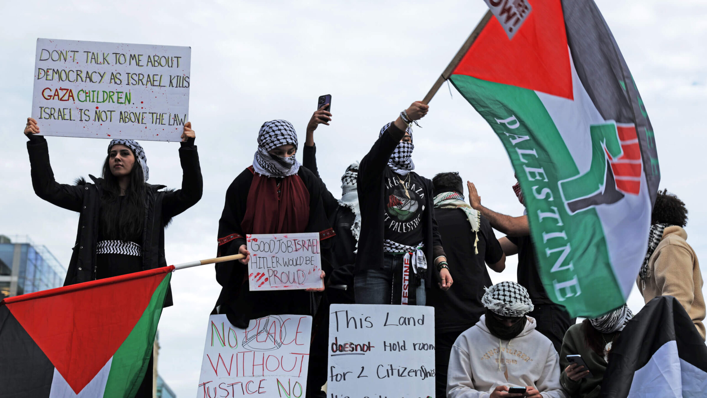 Protesters gather at the Freedom Plaza during the National March on Washington for Palestine while calling for a ceasefire between Israel and Hamas on November 4, 2023 in Washington, DC. 