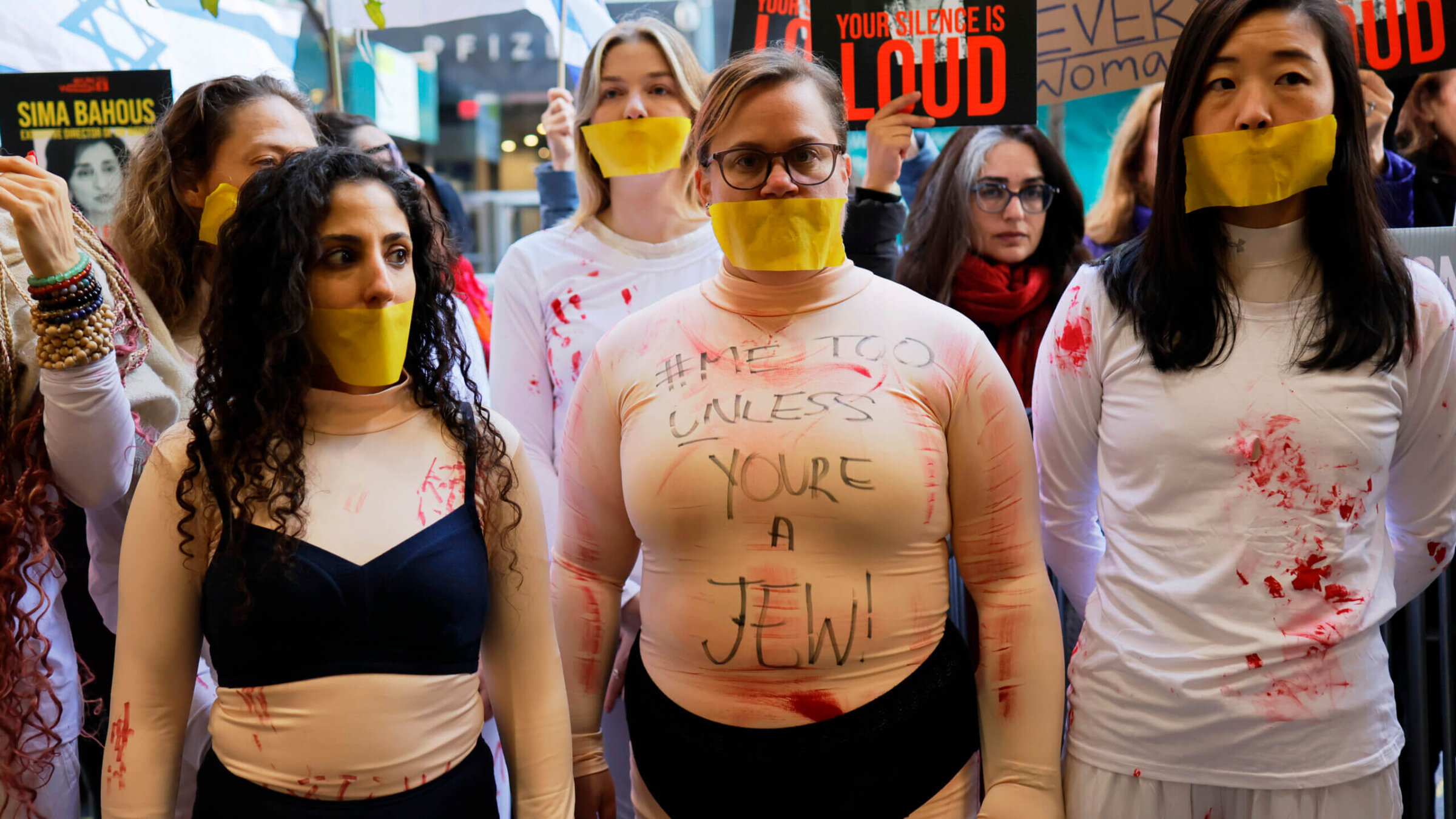 Protestors gather at the offices of the United Nations Women on November 27, 2023 in New York City. The group Bring Them Home Now held a protest to observe International Day for the Elimination of Violence against Women to bring attention to the Israeli women who were allegedly raped during the terror attack by the militant group Hamas on October 7th. 