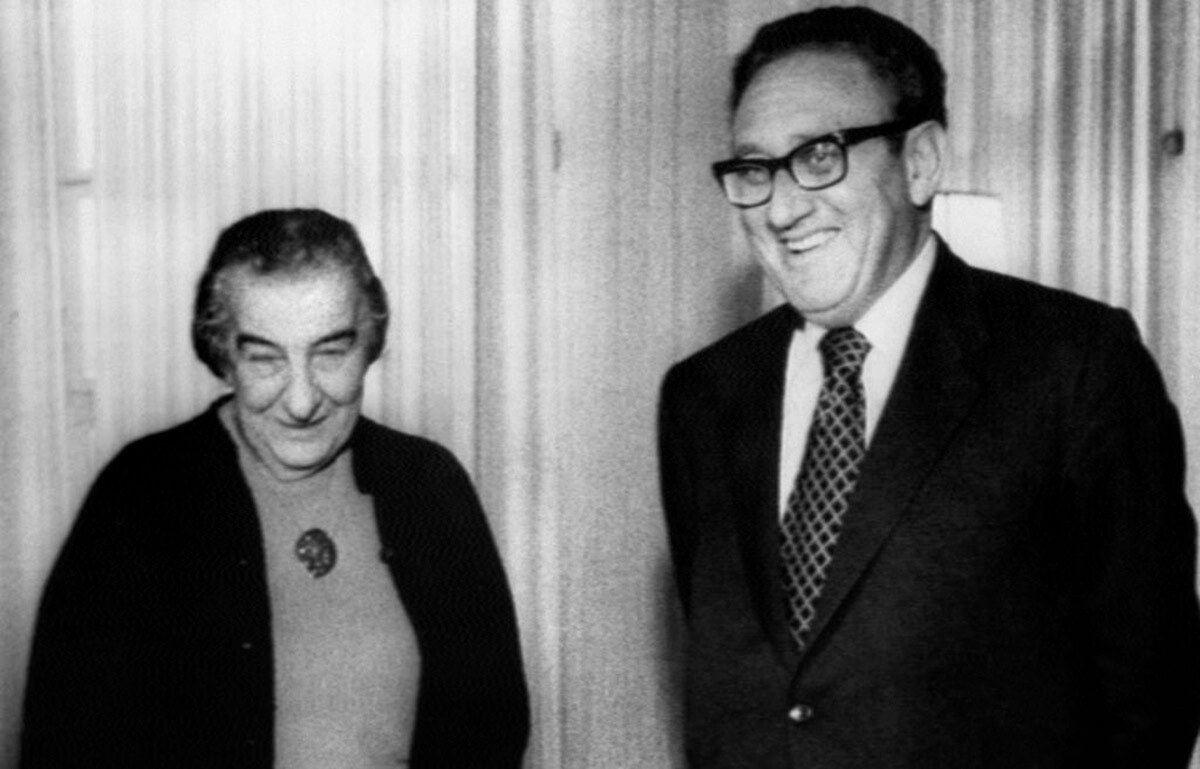 Israeli Prime Minister Golda Meir and Henry Kissinger in Israel on February 27, 1974.