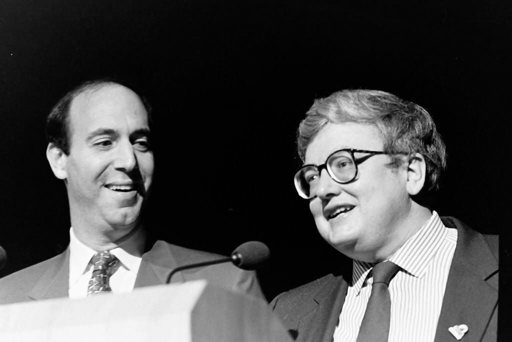Film critics Gene Siskel, left, and Roger Ebert at the National Association of Broadcasters Convention in 1986 in Atlanta, Georgia.